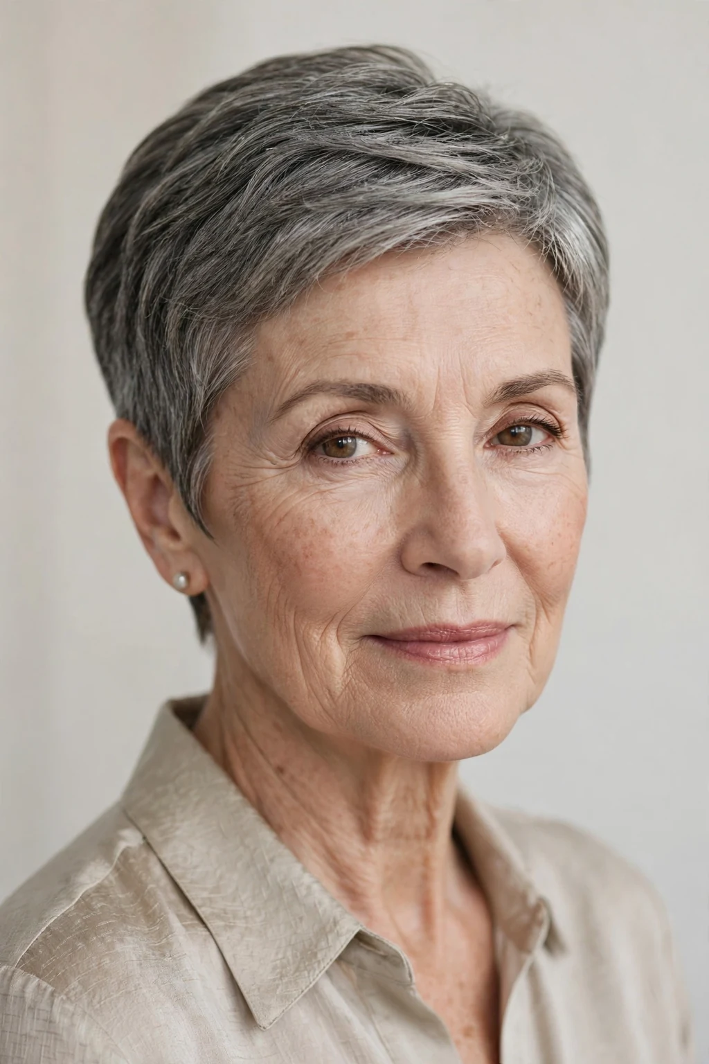 Elegant woman over 60 with elegant cropped cut, refined short shape, sophisticated light.