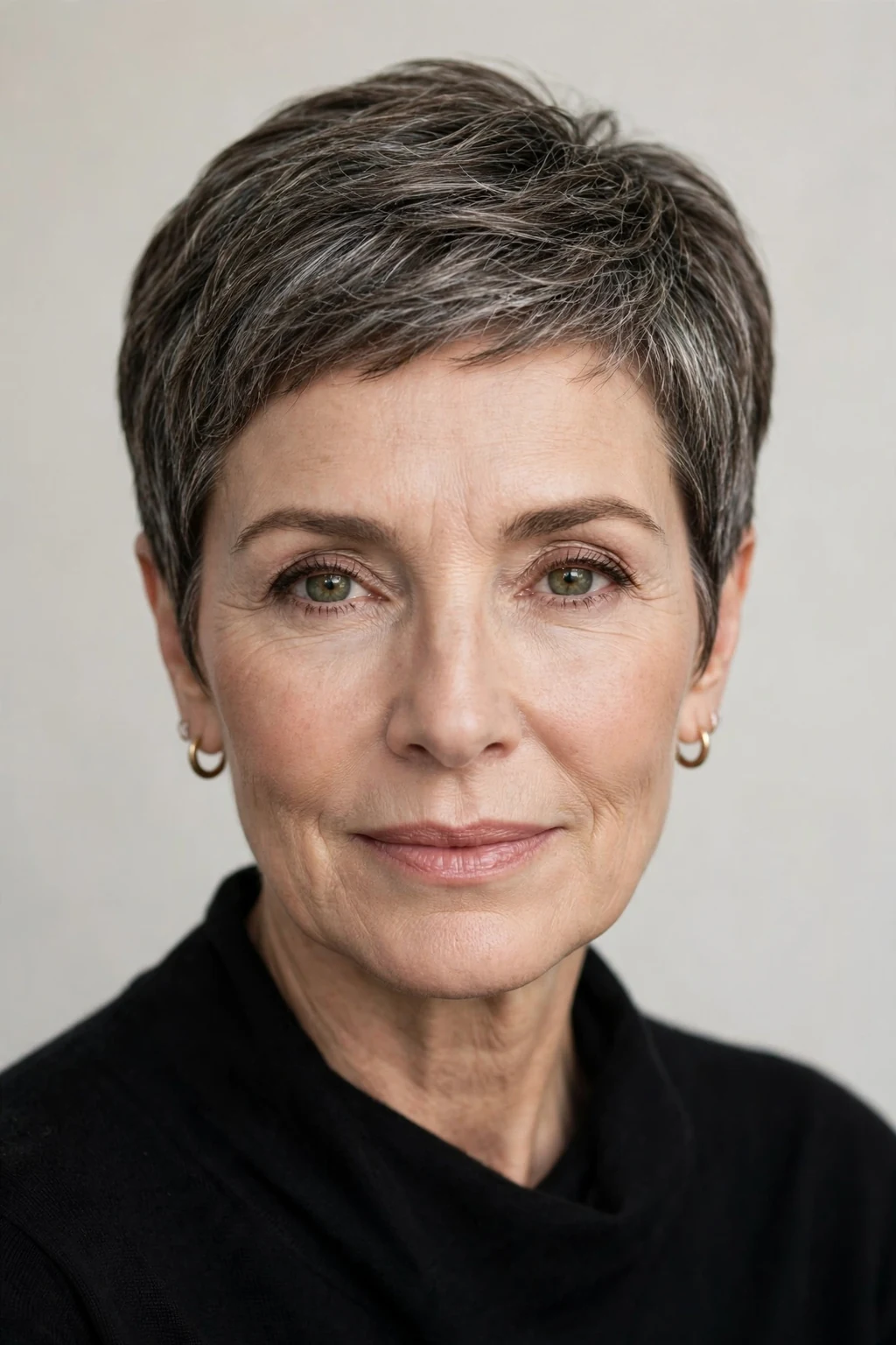 Elegant woman over 50 with elegant cropped pixie, refined short shape, sophisticated light.
