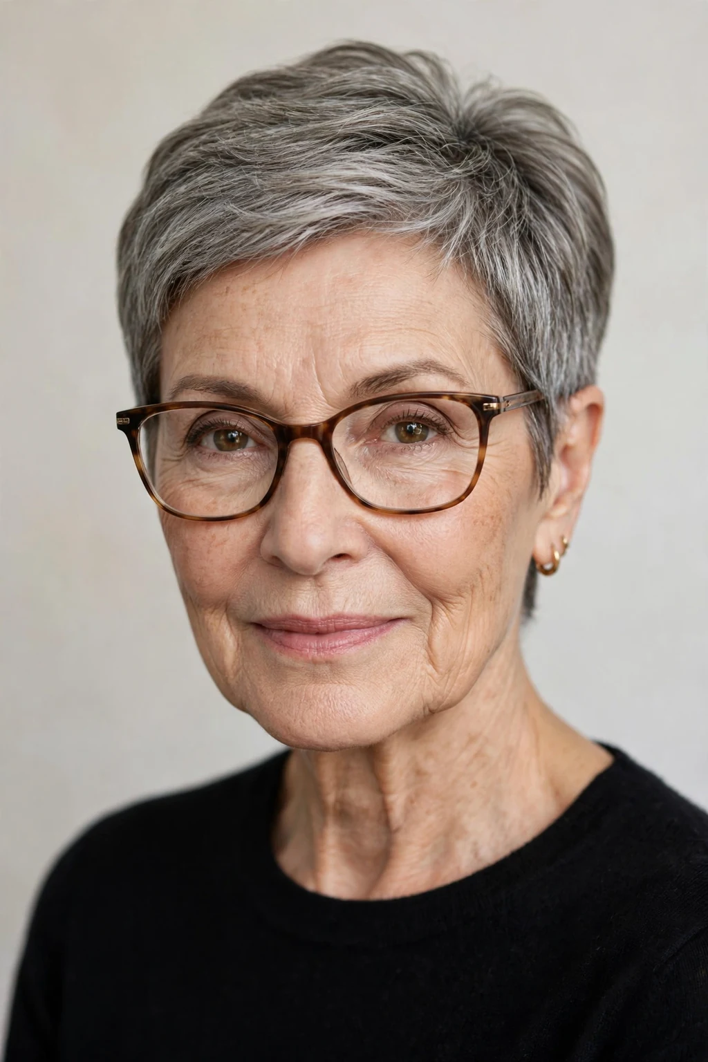 Elegant woman over 60 with glasses and elegant cropped pixie, refined short shape, sophisticated light.