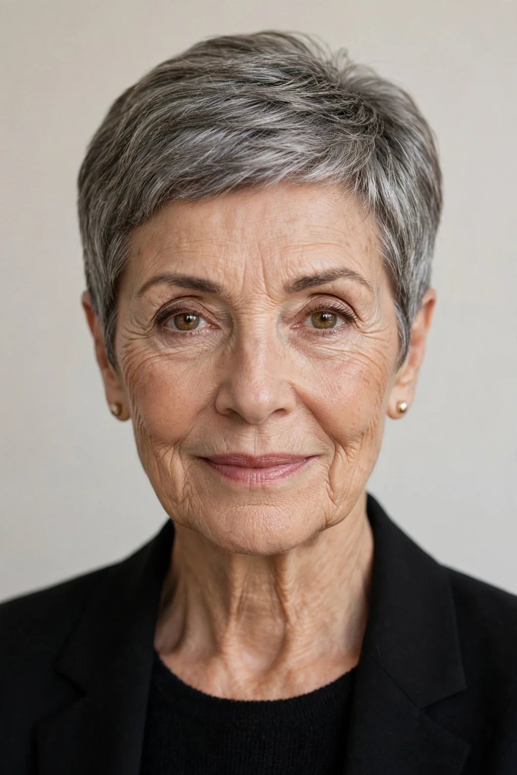 Elegant woman over 60 with elegant cropped pixie, refined short shape, sophisticated light.