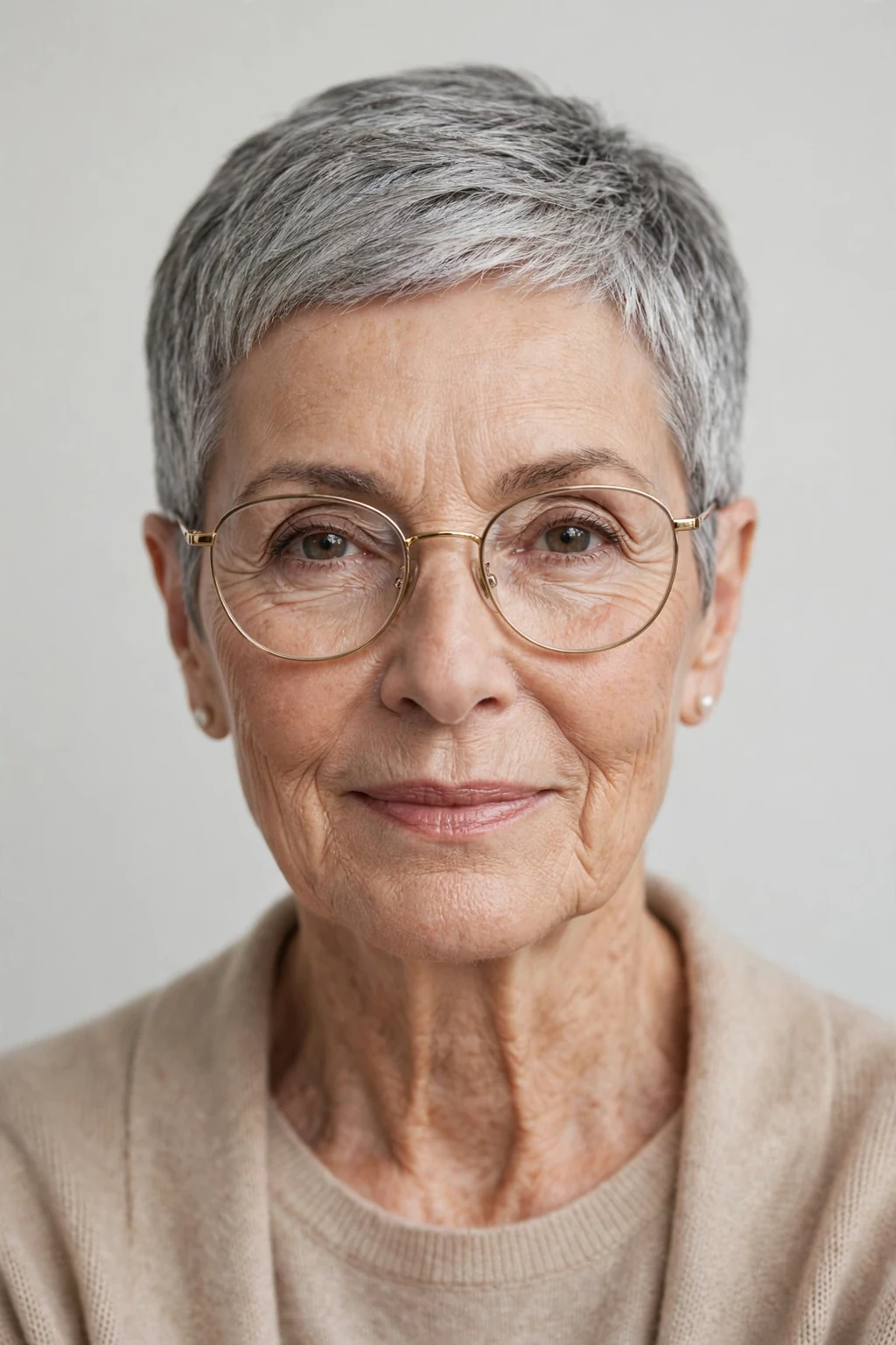 Elegant woman over 70 with glasses and elegant cropped pixie, refined short shape, sophisticated light.