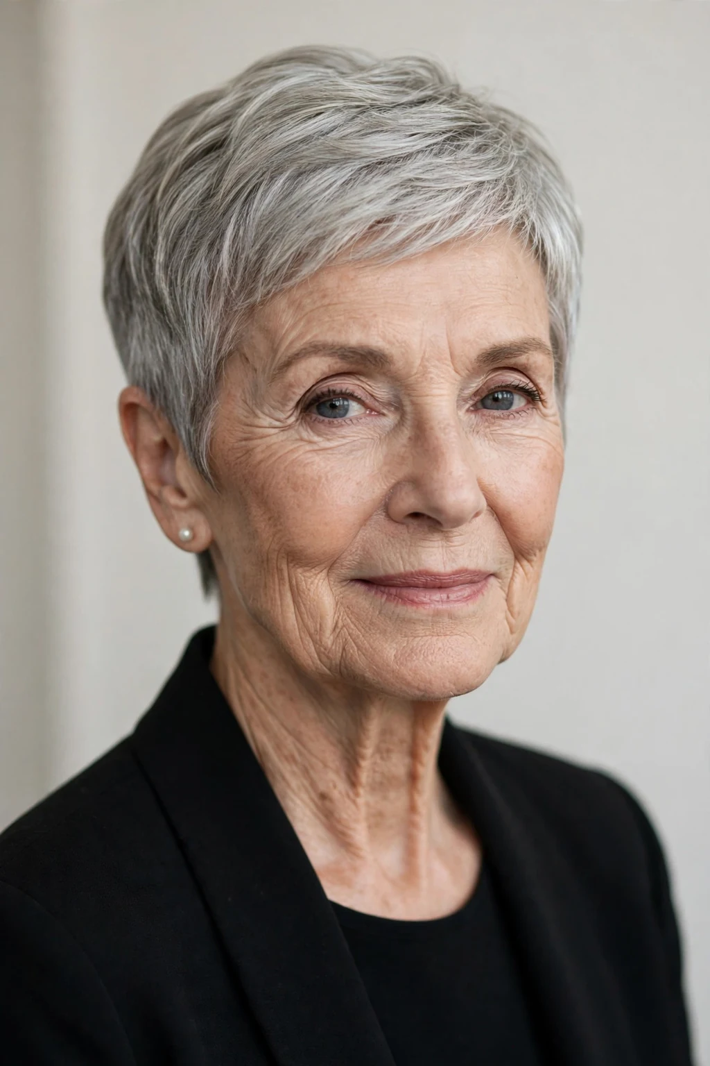 Elegant woman over 70 with elegant cropped pixie, refined short shape, sophisticated light.