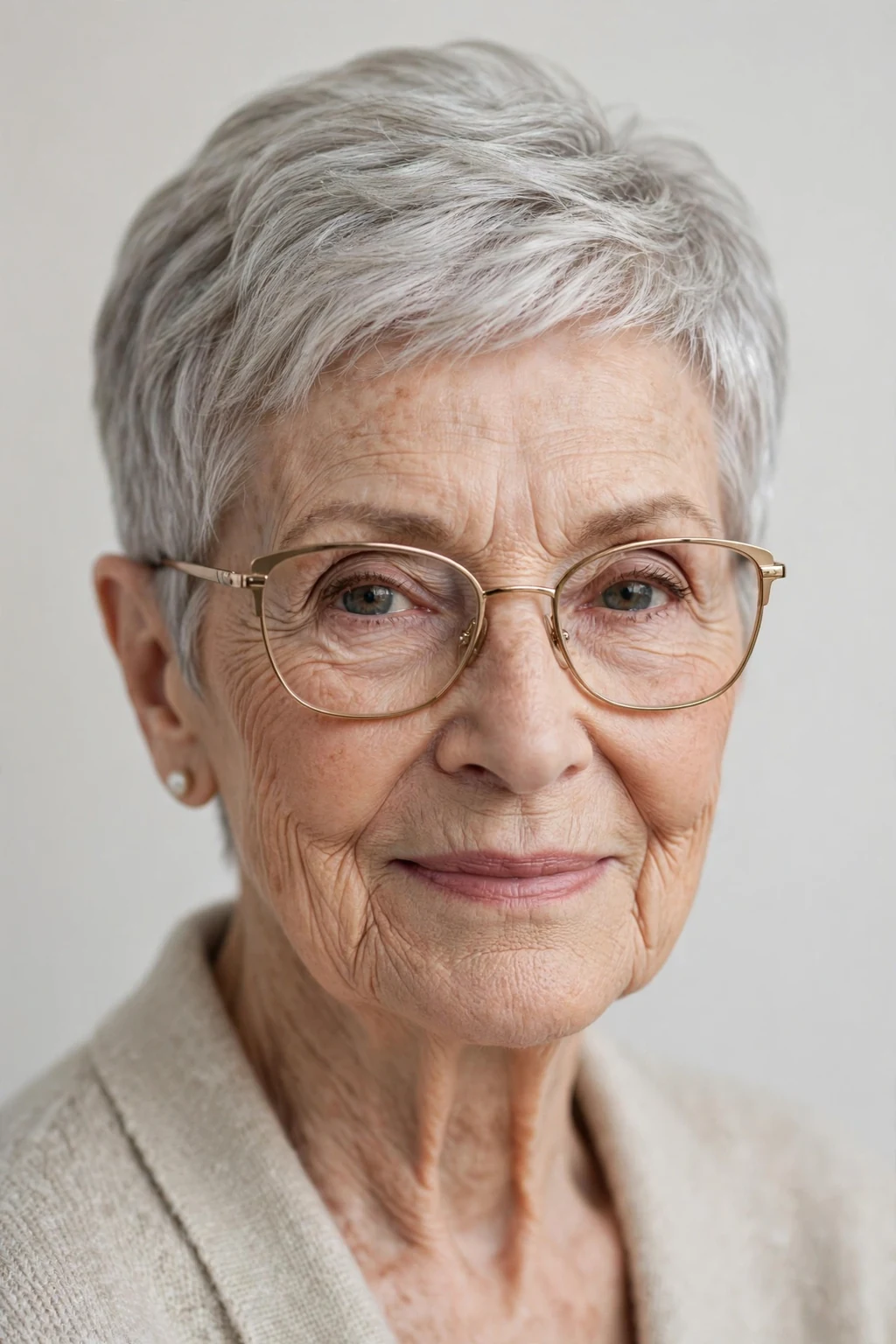 Elegant woman over 80 with glasses and elegant cropped pixie, refined short shape, sophisticated light.