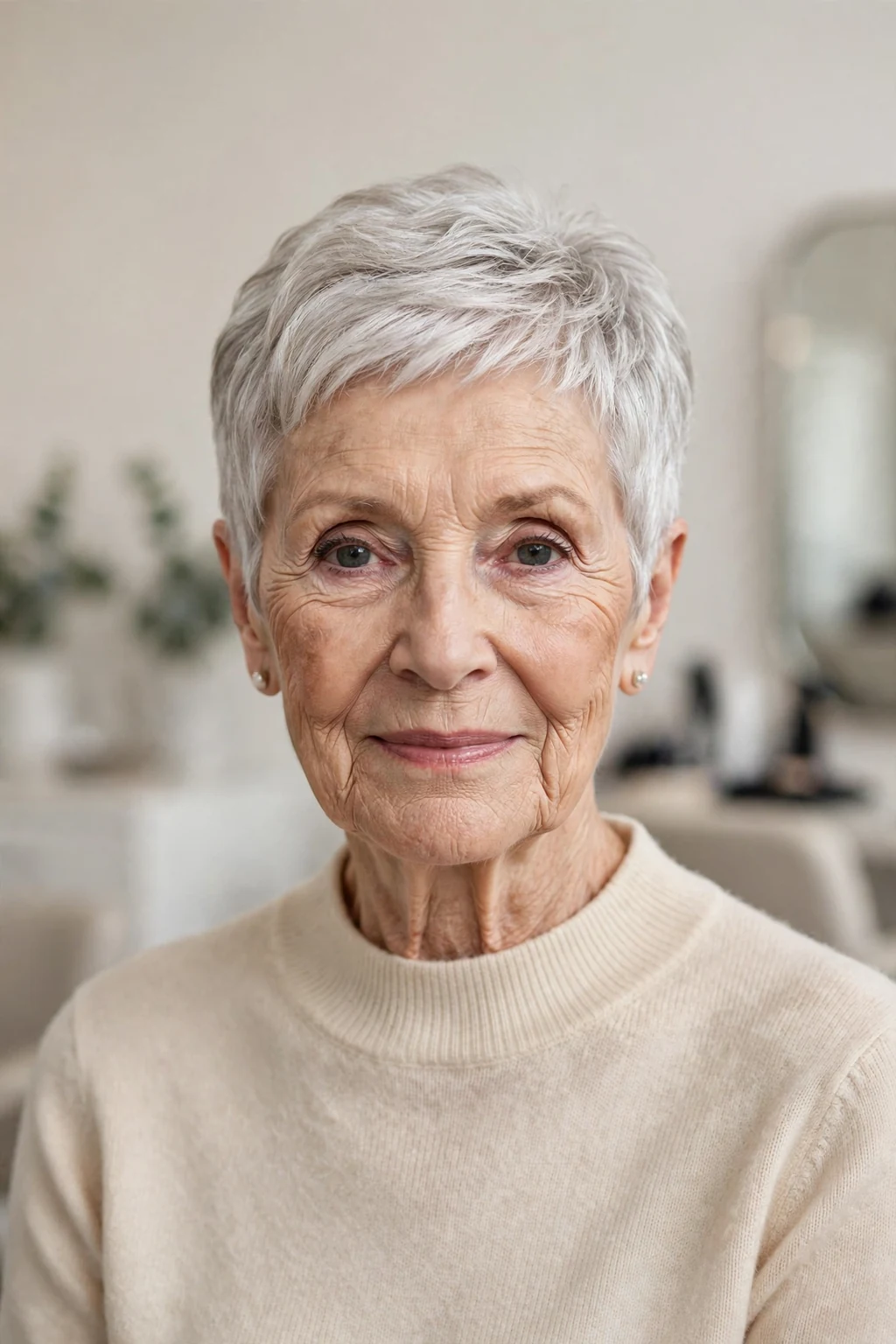 Elegant woman over 80 with elegant cropped pixie, refined short shape, sophisticated light.