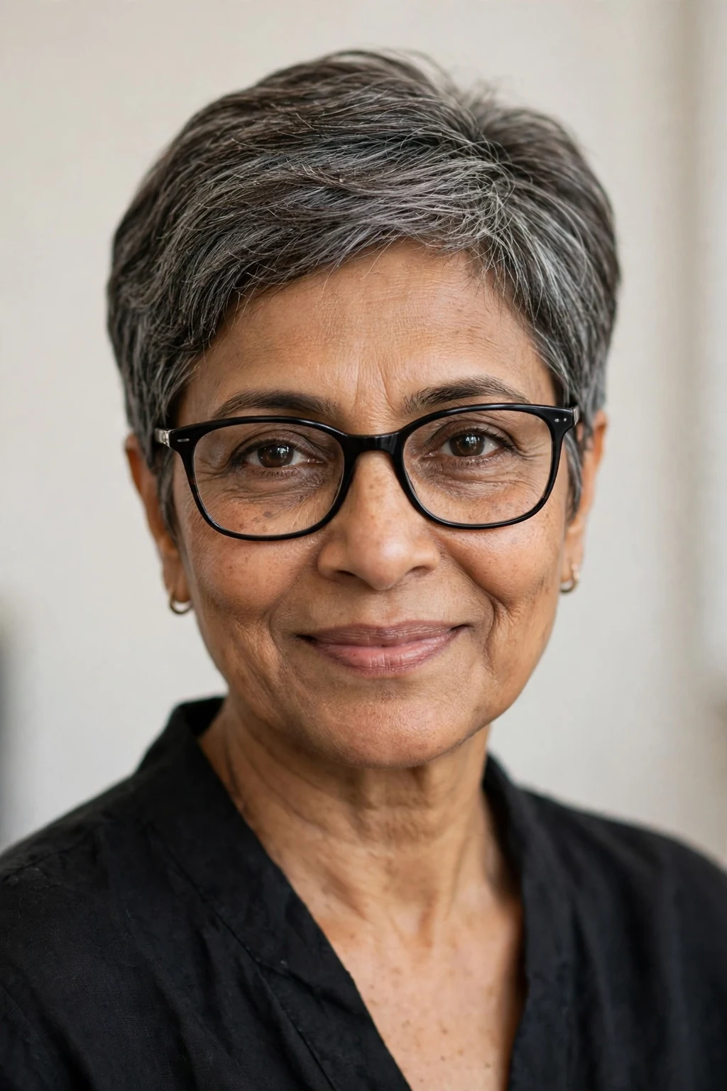 Elegant woman over 50 with fine hair and glasses and elegant cropped pixie, refined short shape, sophisticated light.