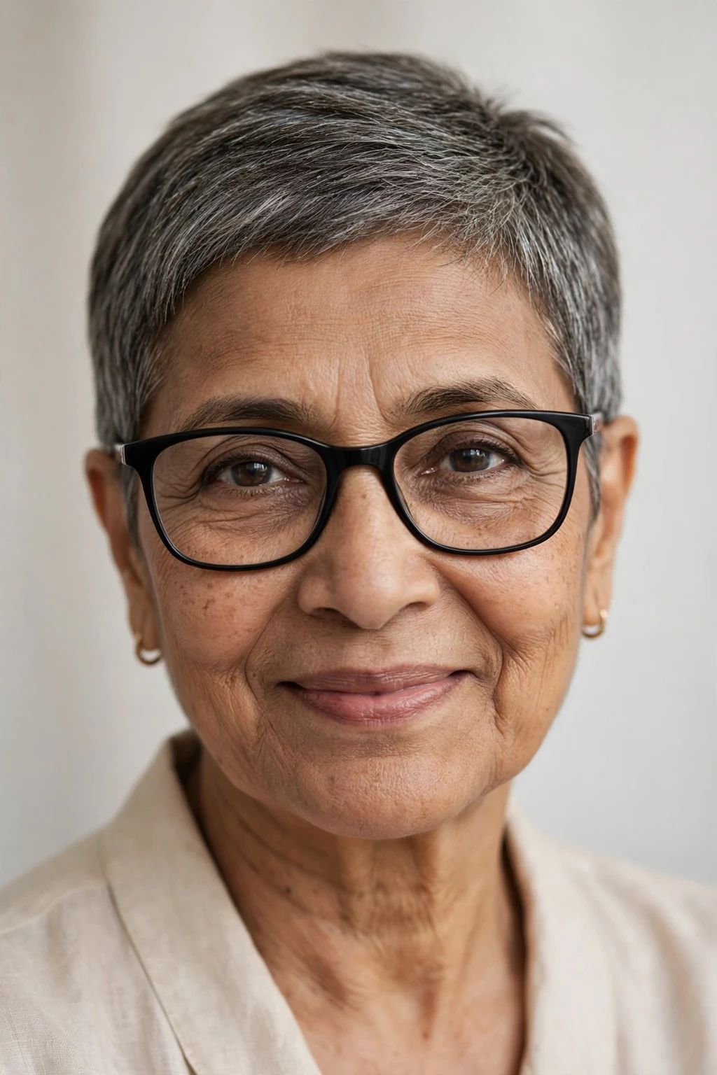Elegant older woman with fine hair and glasses and elegant cropped pixie, refined short shape, sophisticated light.