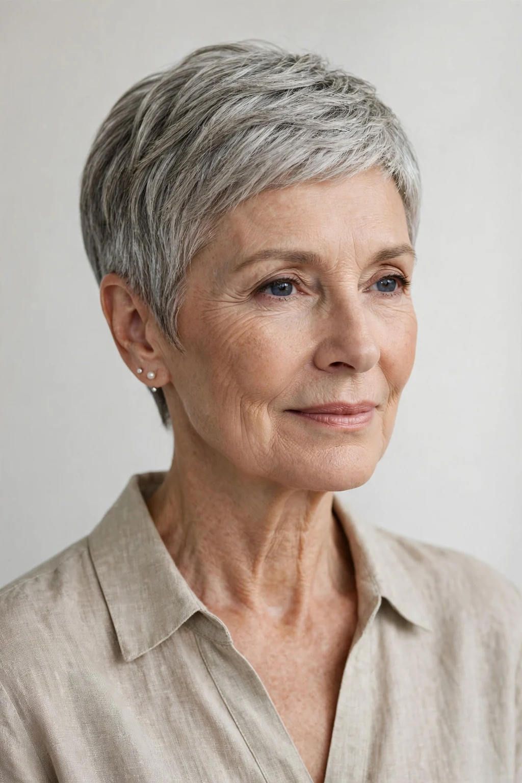 Elegant older woman with elegant cropped pixie, refined short shape, sophisticated light.