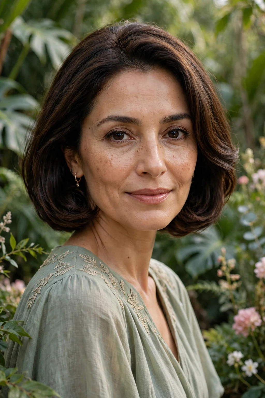 Beautiful woman with elegant curved bob, soft curved bob shape, graceful light.