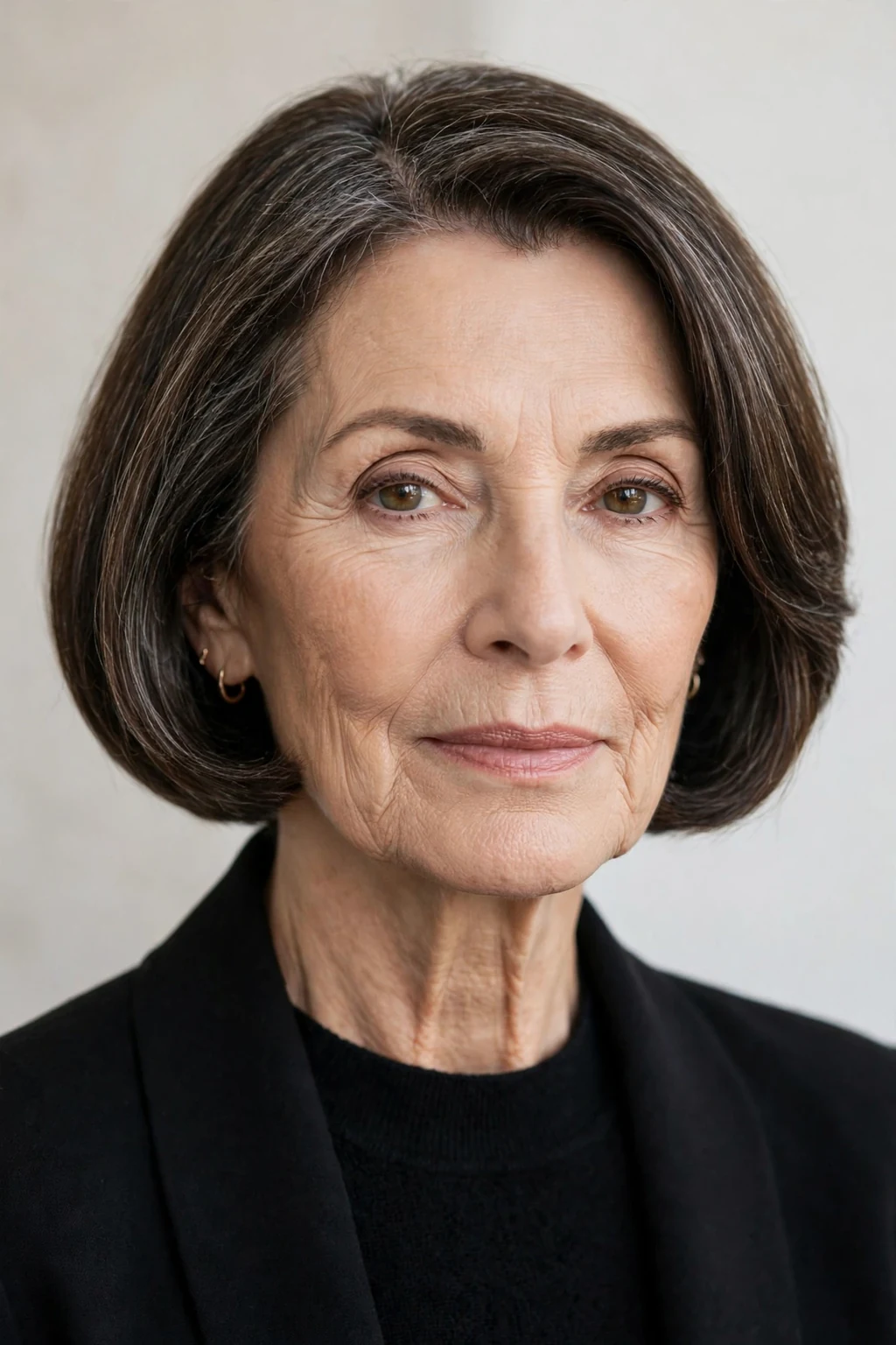 Elegant woman over 60 with french bob, parisian chic jaw-length cut, timeless light.
