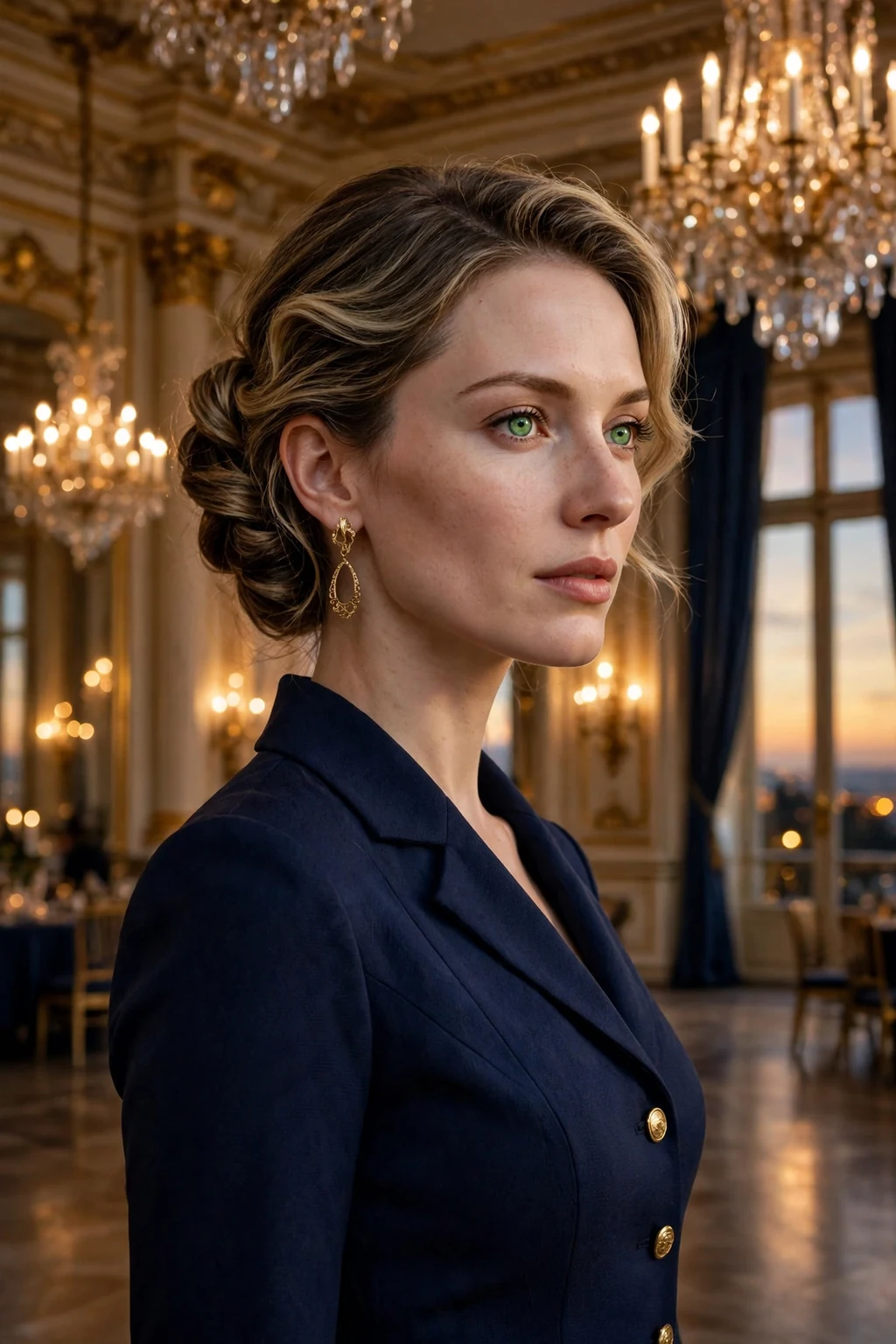 Young woman with an elegant French twist hairstyle at a formal wedding, wearing a navy dress.