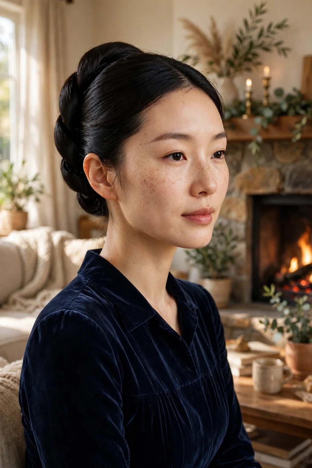 Young woman with an elegant French twist hairstyle in a warm living room.