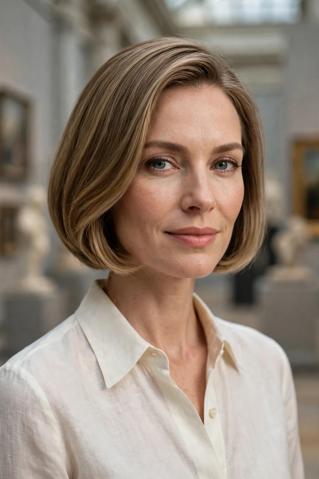 Beautiful woman with elegant graduated bob, refined graduated bob, graceful light.