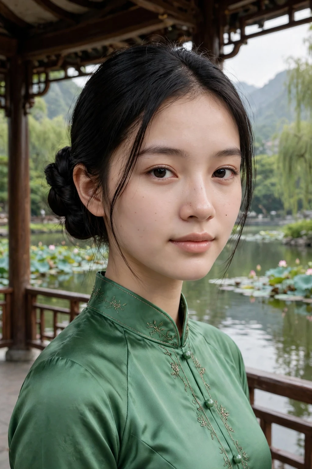 Young woman aged 19 with elegant knotted bun prom hairstyle for medium length hair, elegant formal look.