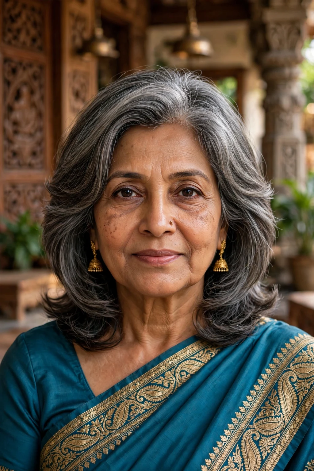 Beautiful older woman with elegant layers, sophisticated elegant layers, dignified light.