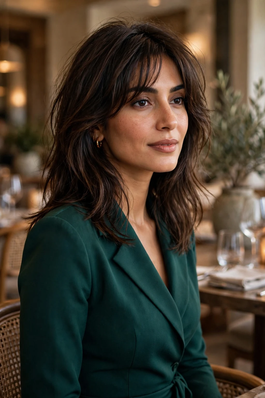 Beautiful woman with elegant long shag, sophisticated elegant long shag, refined light.