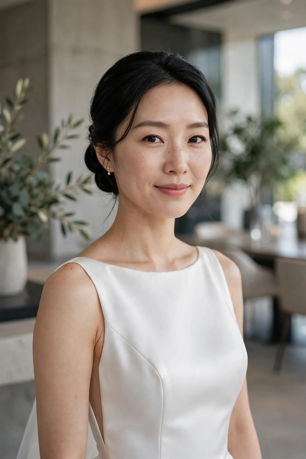 Beautiful bride with elegant low bun, sophisticated low bun, refined light.