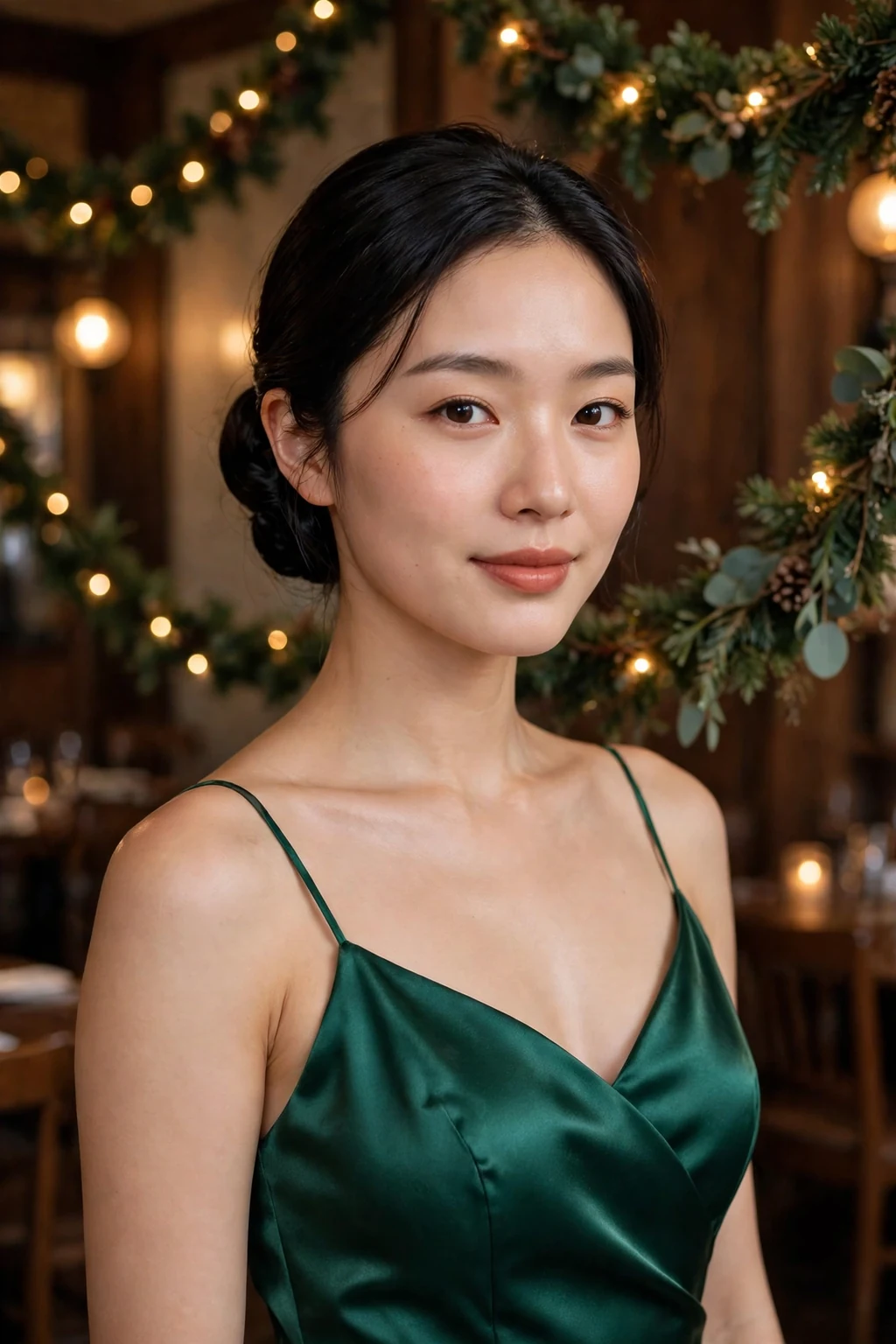 Young woman with an elegant low chignon hairstyle at a Christmas dinner, wearing an emerald green dress.