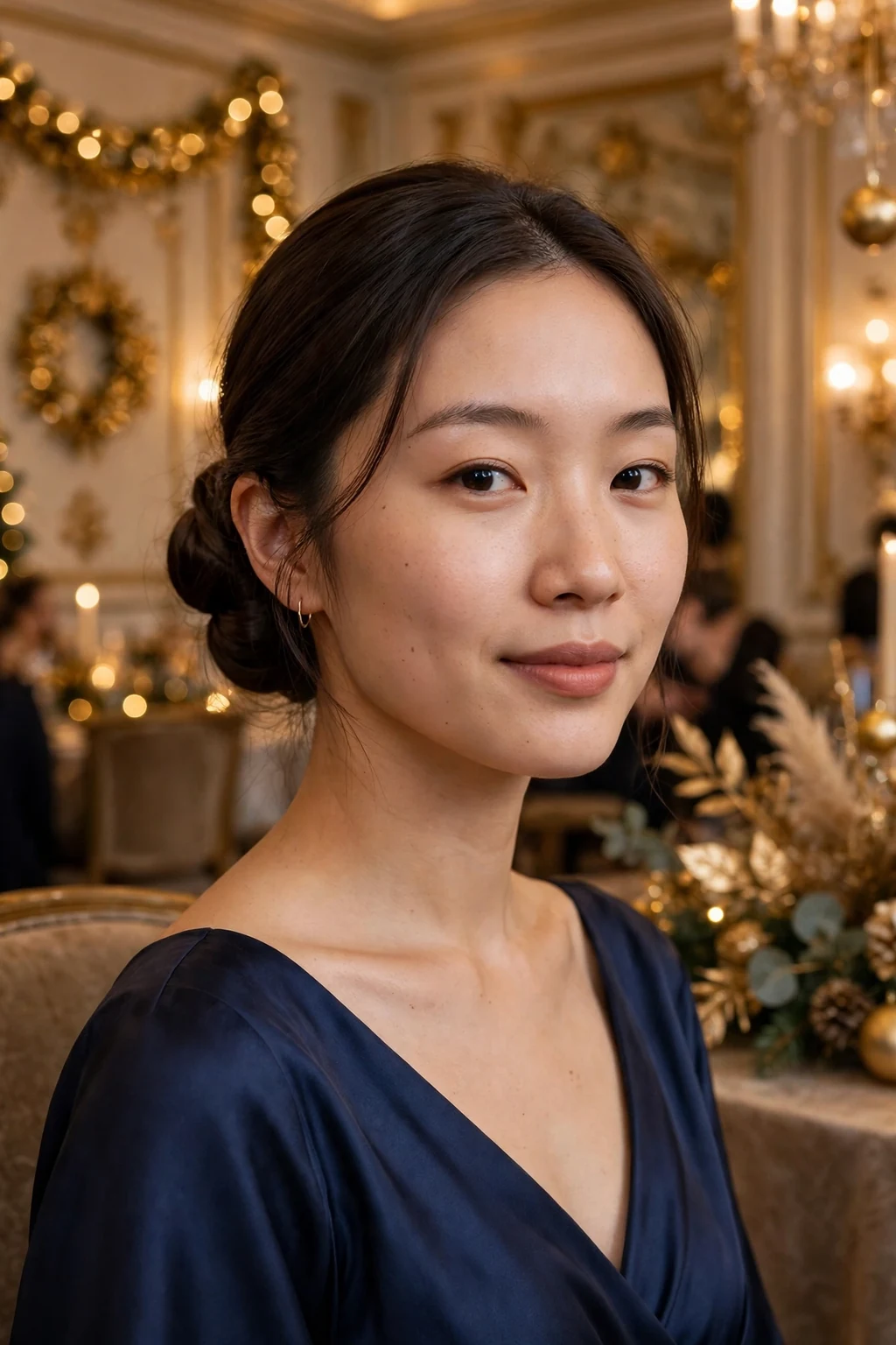 A young woman with an elegant low chignon at a formal holiday party, wearing a navy silk gown.