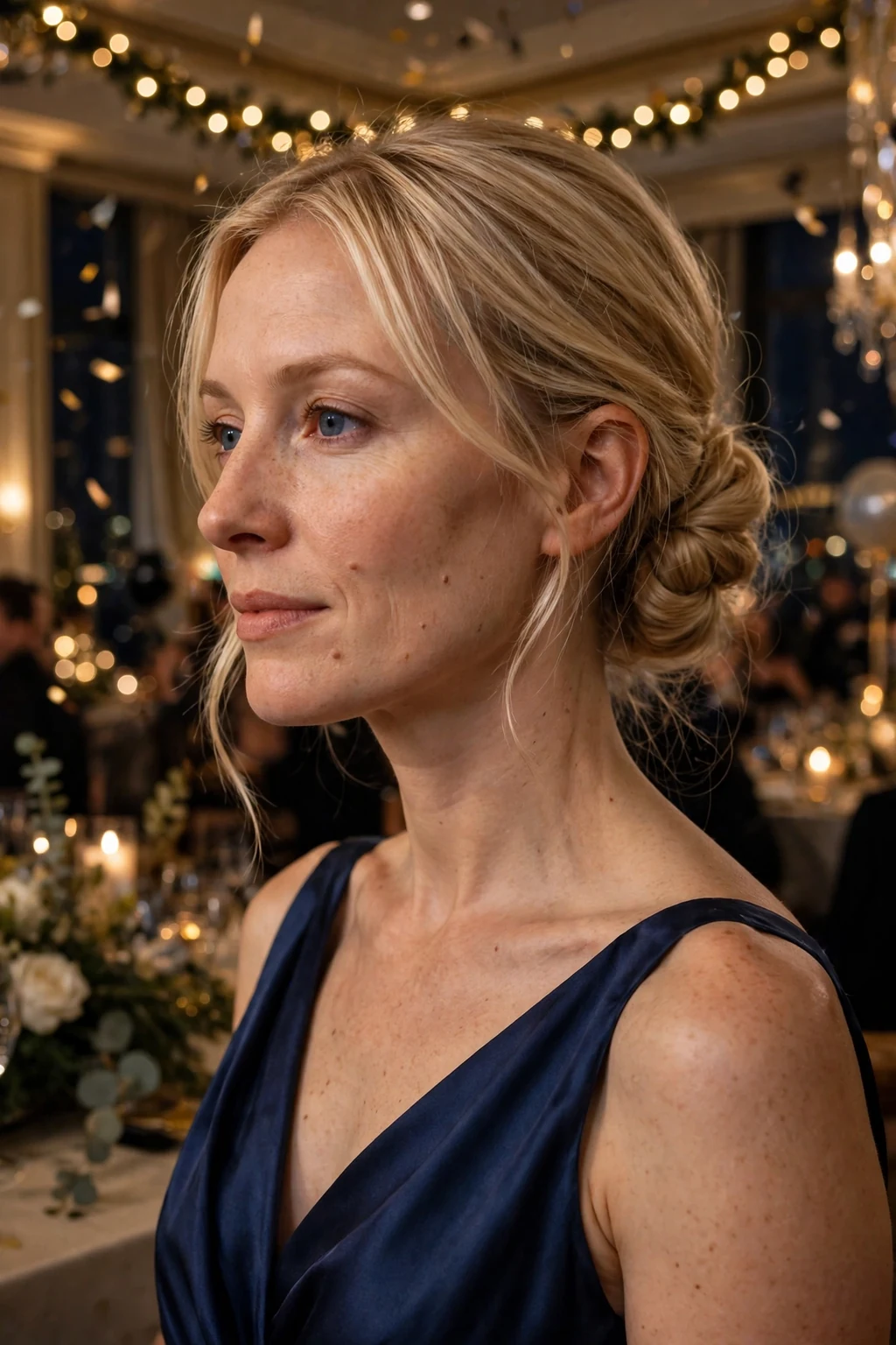 Young woman with an elegant low chignon wearing a navy silk gown at a hotel ballroom party.