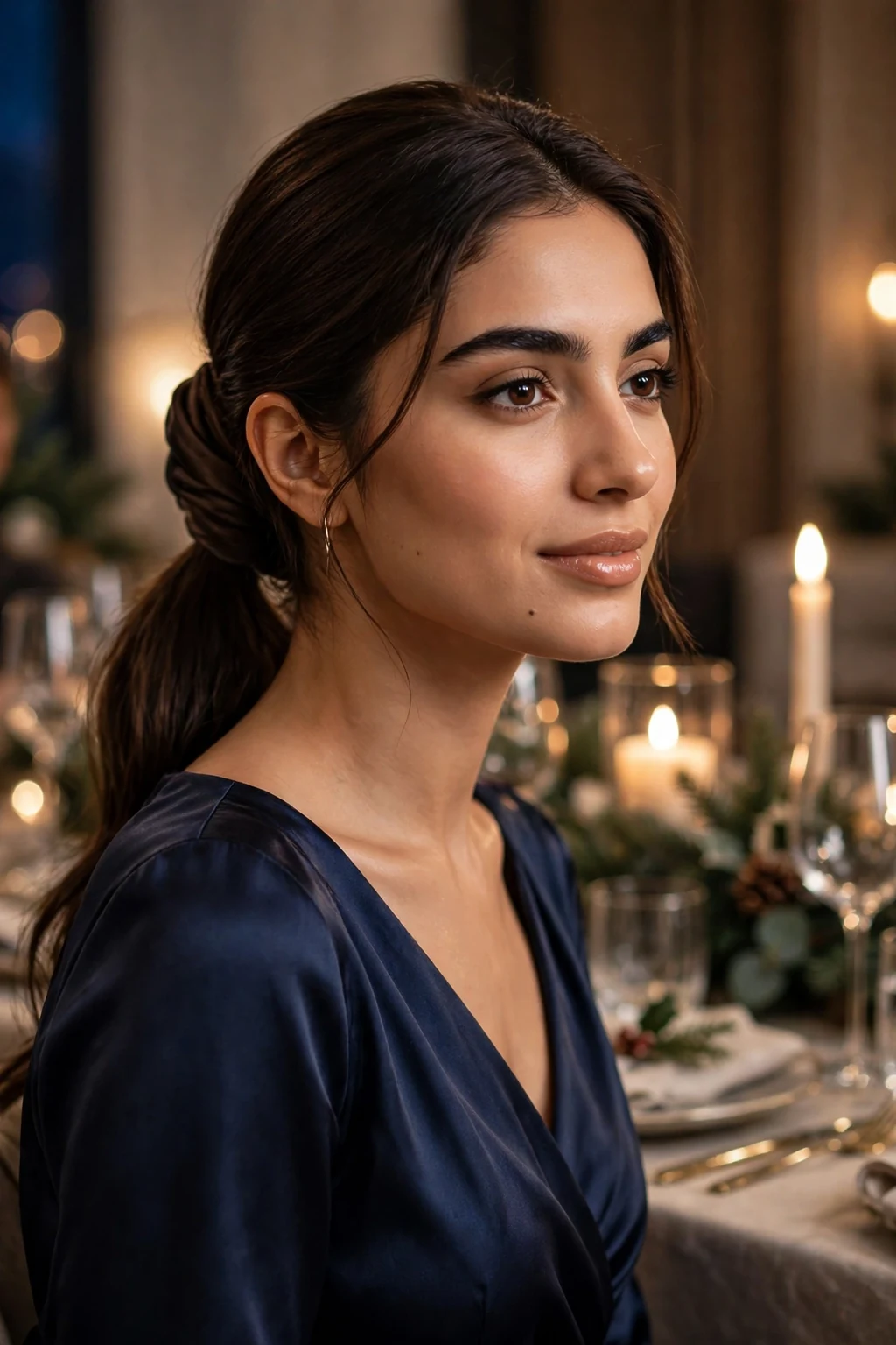Young woman with an elegant low ponytail with a wrapped base, wearing a navy dress.