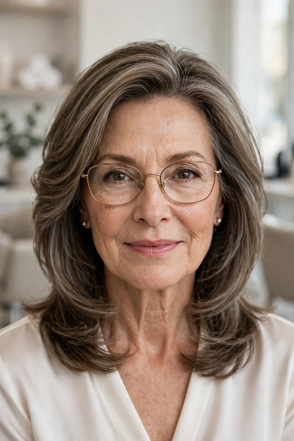 Elegant woman over 50 with glasses and elegant medium layers, refined flowing layers, sophisticated light.