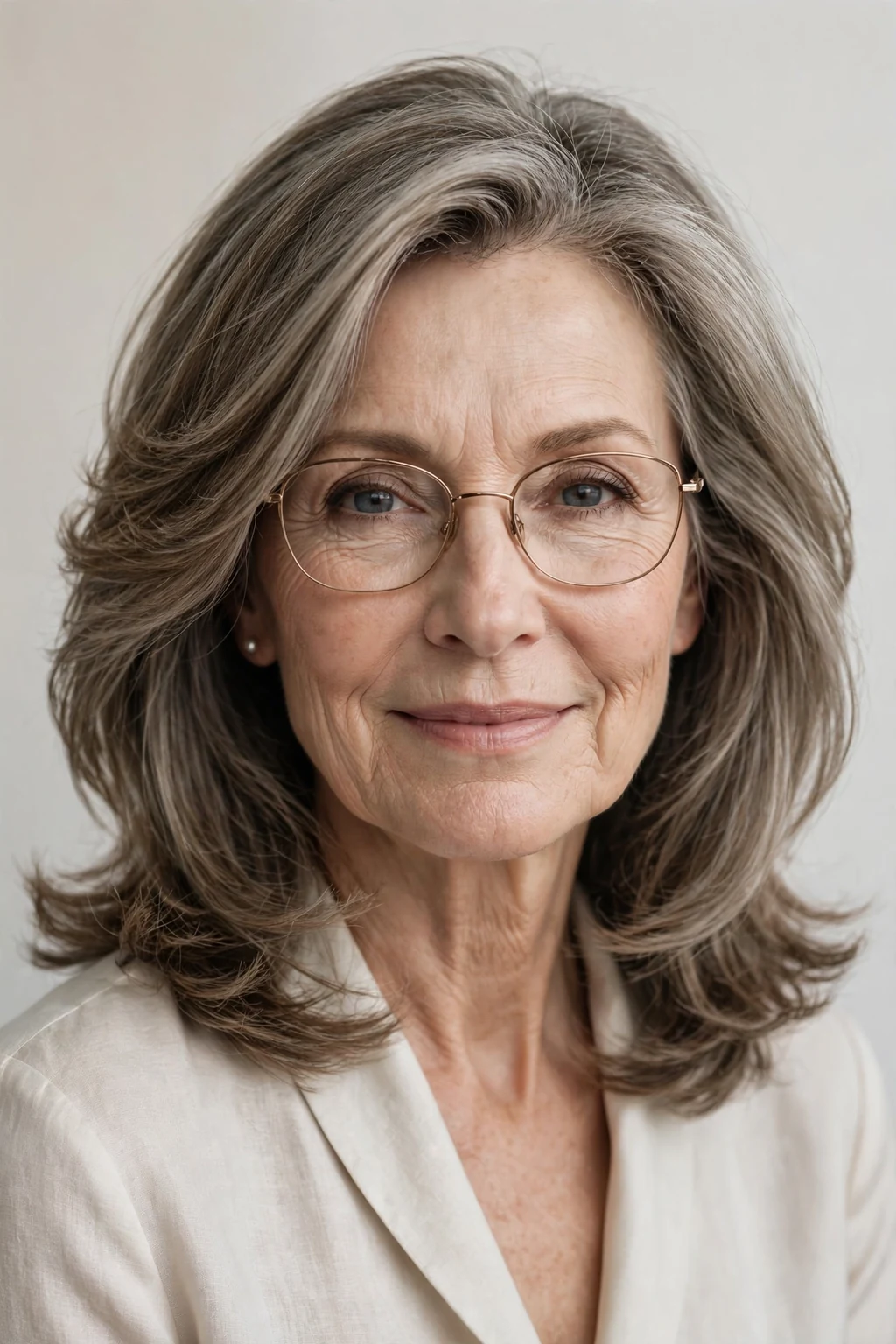 Elegant woman over 60 with glasses and elegant medium layers, refined flowing layers, sophisticated light.