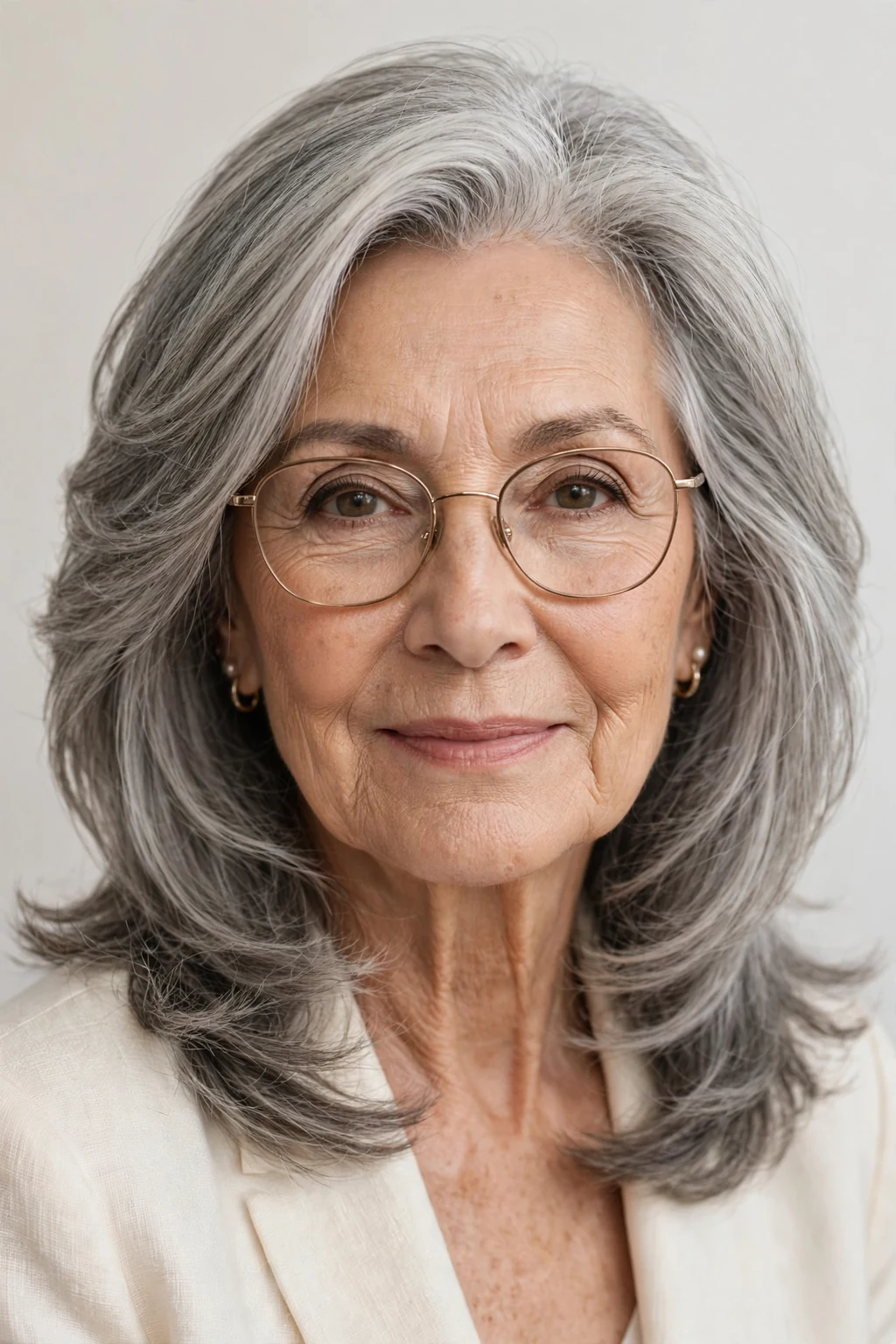 Elegant woman over 70 with glasses and elegant medium layers, refined flowing layers, sophisticated light.