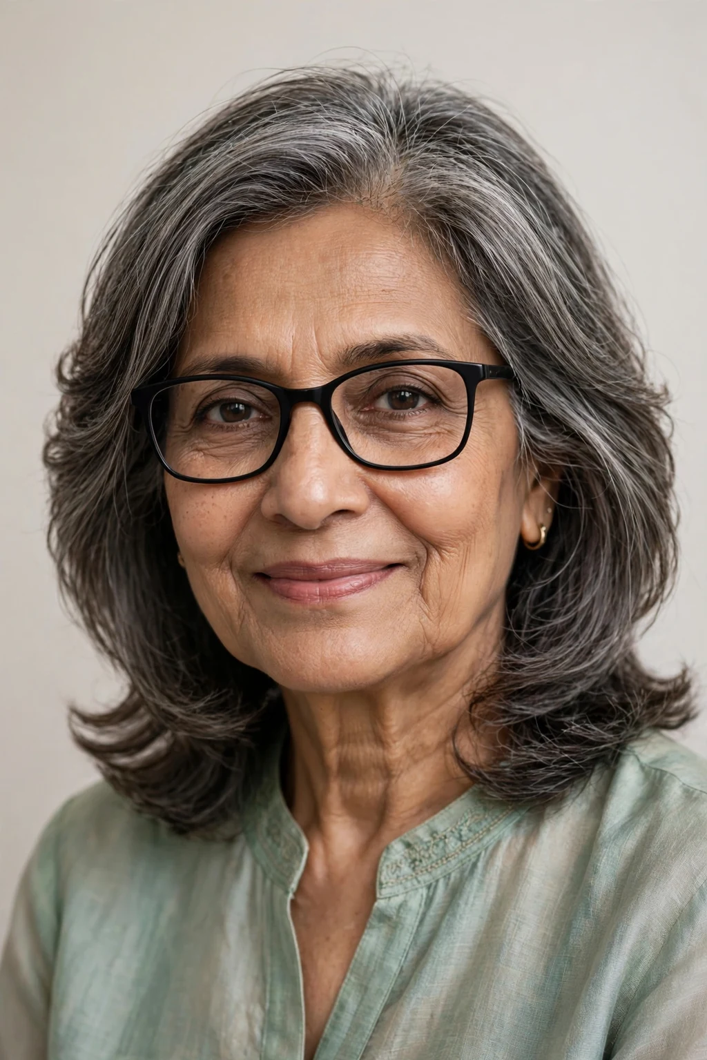 Elegant woman over 60 with fine hair and glasses and elegant medium layers, refined flowing layers, sophisticated light.