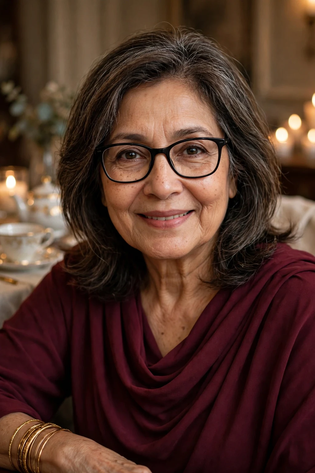 Elegant woman over 60 with fine hair and glasses and elegant medium layers, refined flowing layers, sophisticated light.