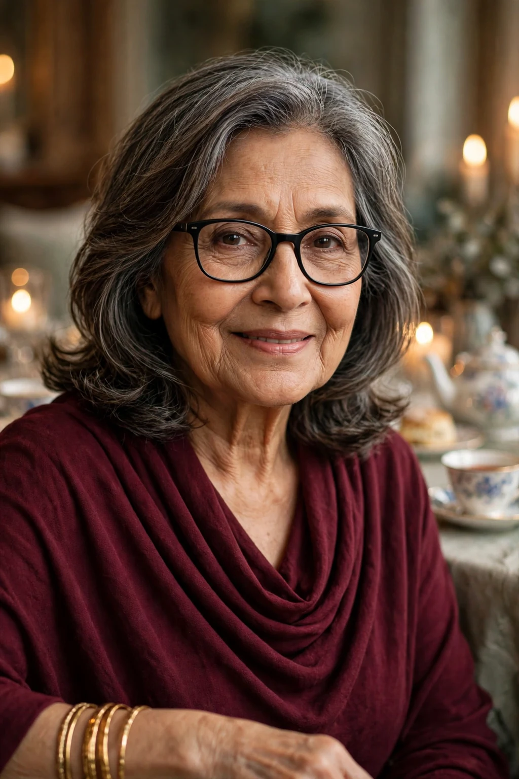 Elegant woman over 60 with fine hair and glasses and elegant medium layers, refined flowing layers, sophisticated light.