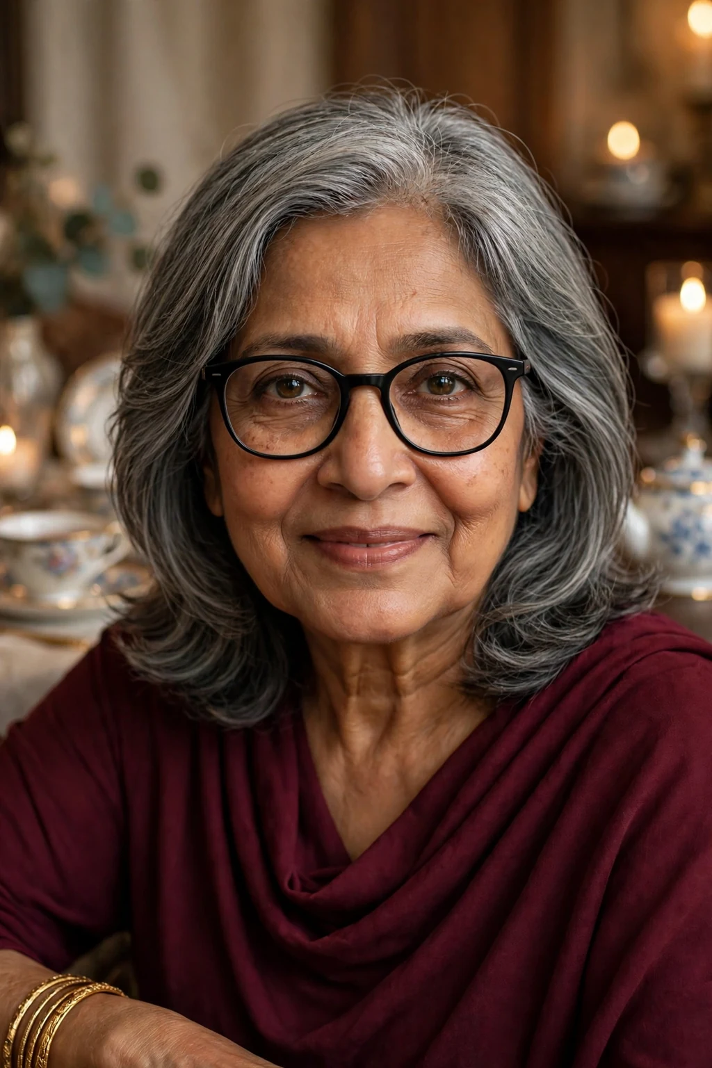 Elegant older woman with fine hair and glasses and elegant medium layers, refined flowing layers, sophisticated light.