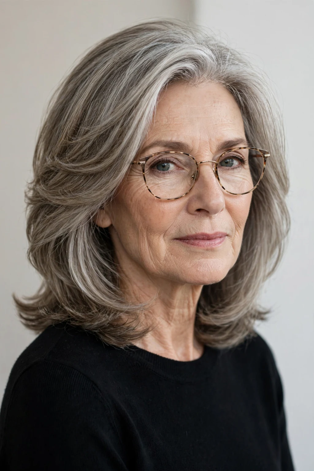 Elegant older woman with glasses and elegant medium layers, refined flowing layers, sophisticated light.