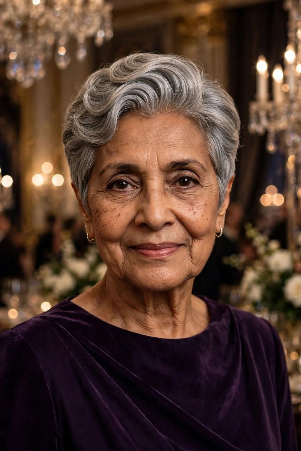 A woman in her early 70s with an elegant sculpted gray pixie cut, wearing a dark purple gown at a formal gala.