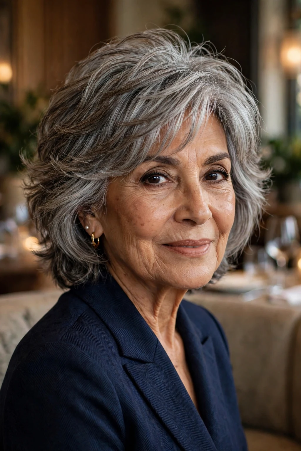 Beautiful woman over 60 with elegant shag, sophisticated elegant shag, refined light.
