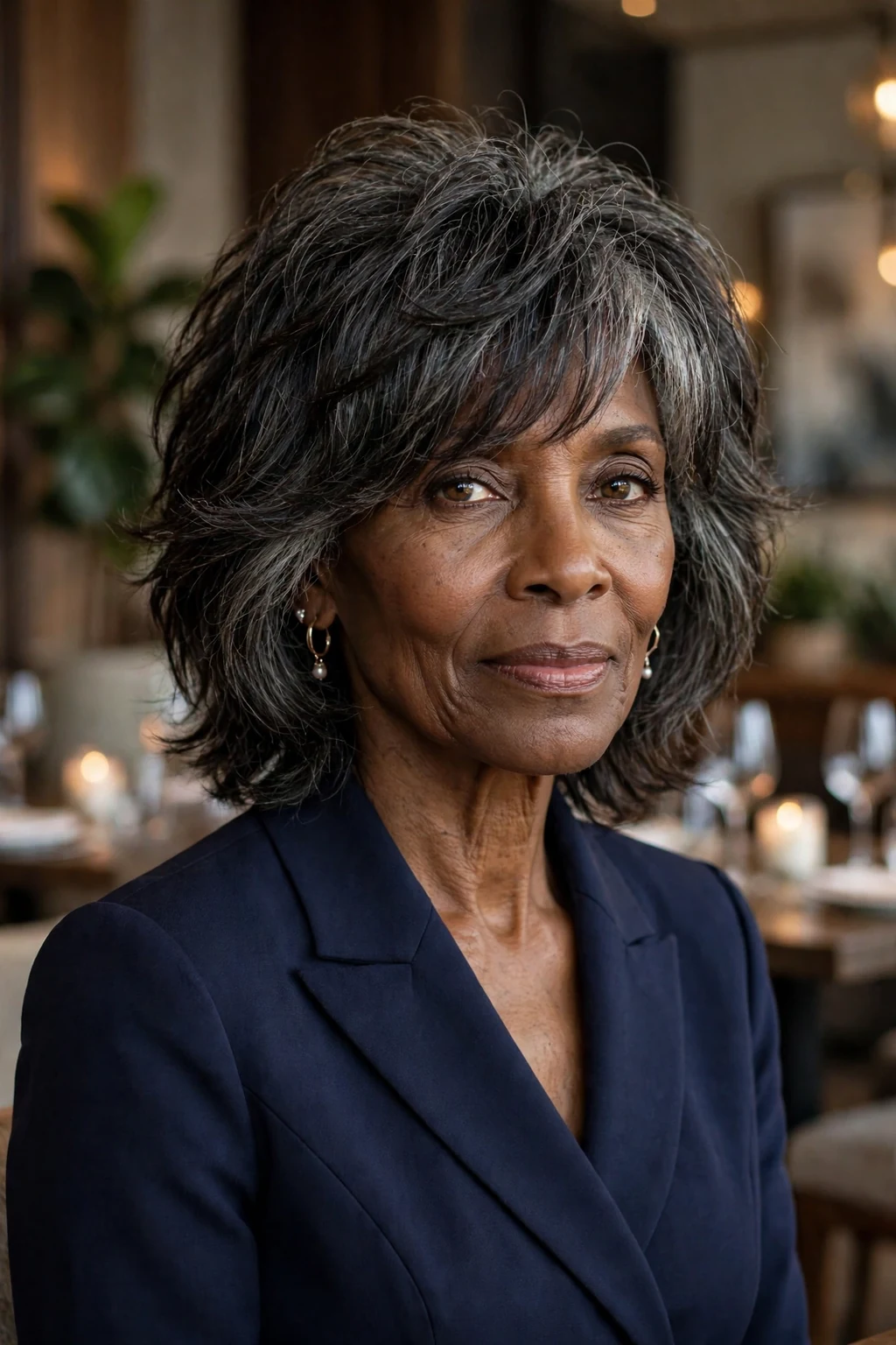 Beautiful woman over 50 with elegant shag, sophisticated elegant shag, refined light.