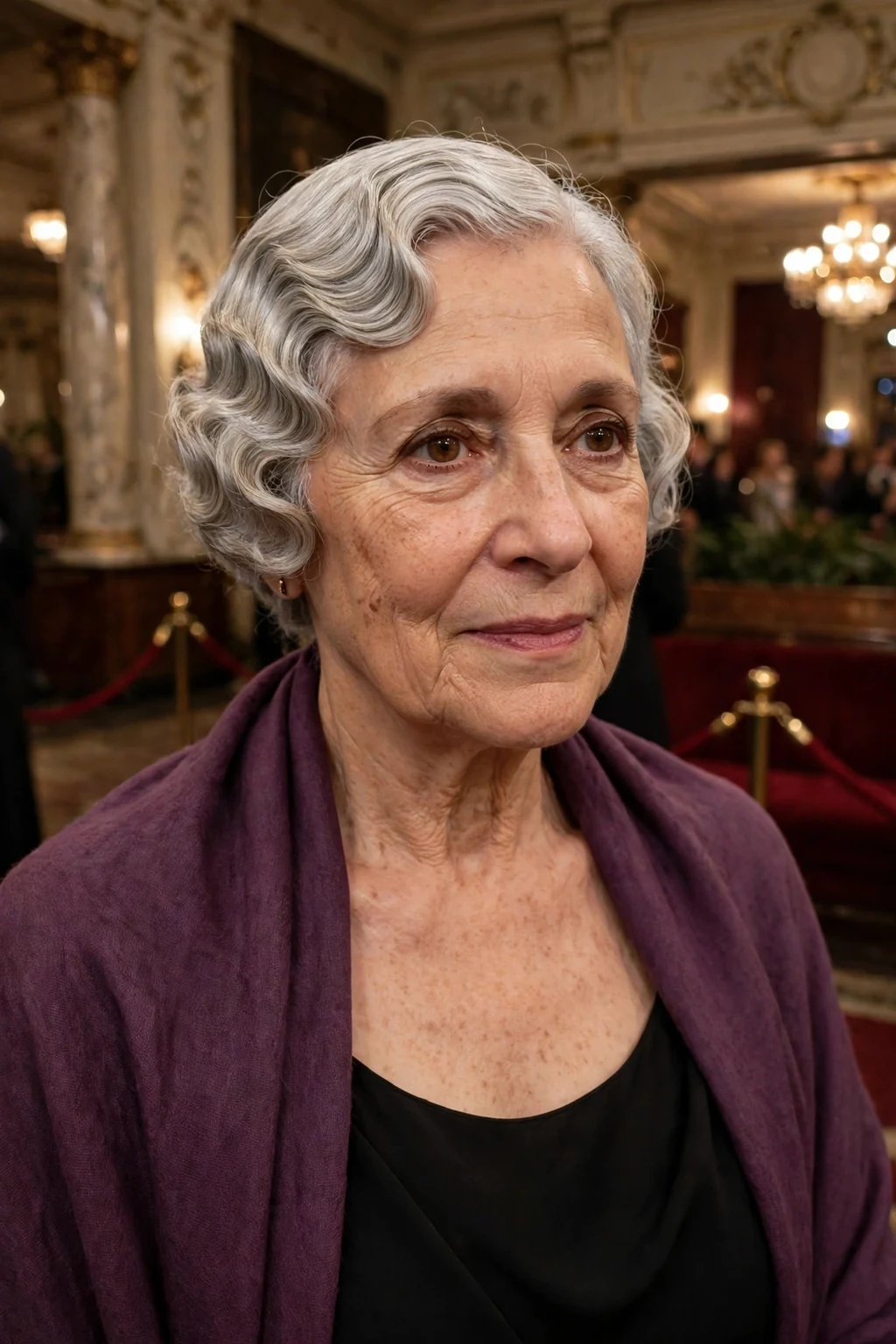 Mature woman over 50 with a elegant short crop with finger waves haircut for fine thin hair, styled and full of volume.