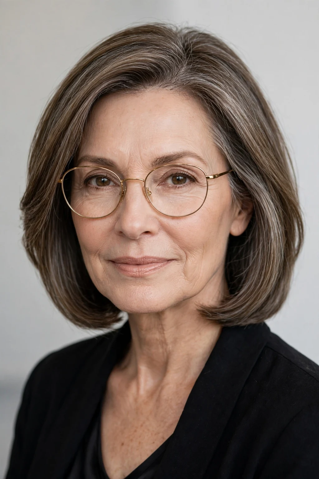 Elegant woman over 50 with glasses and elegant shoulder-length lob, refined versatile lob, beautiful light.