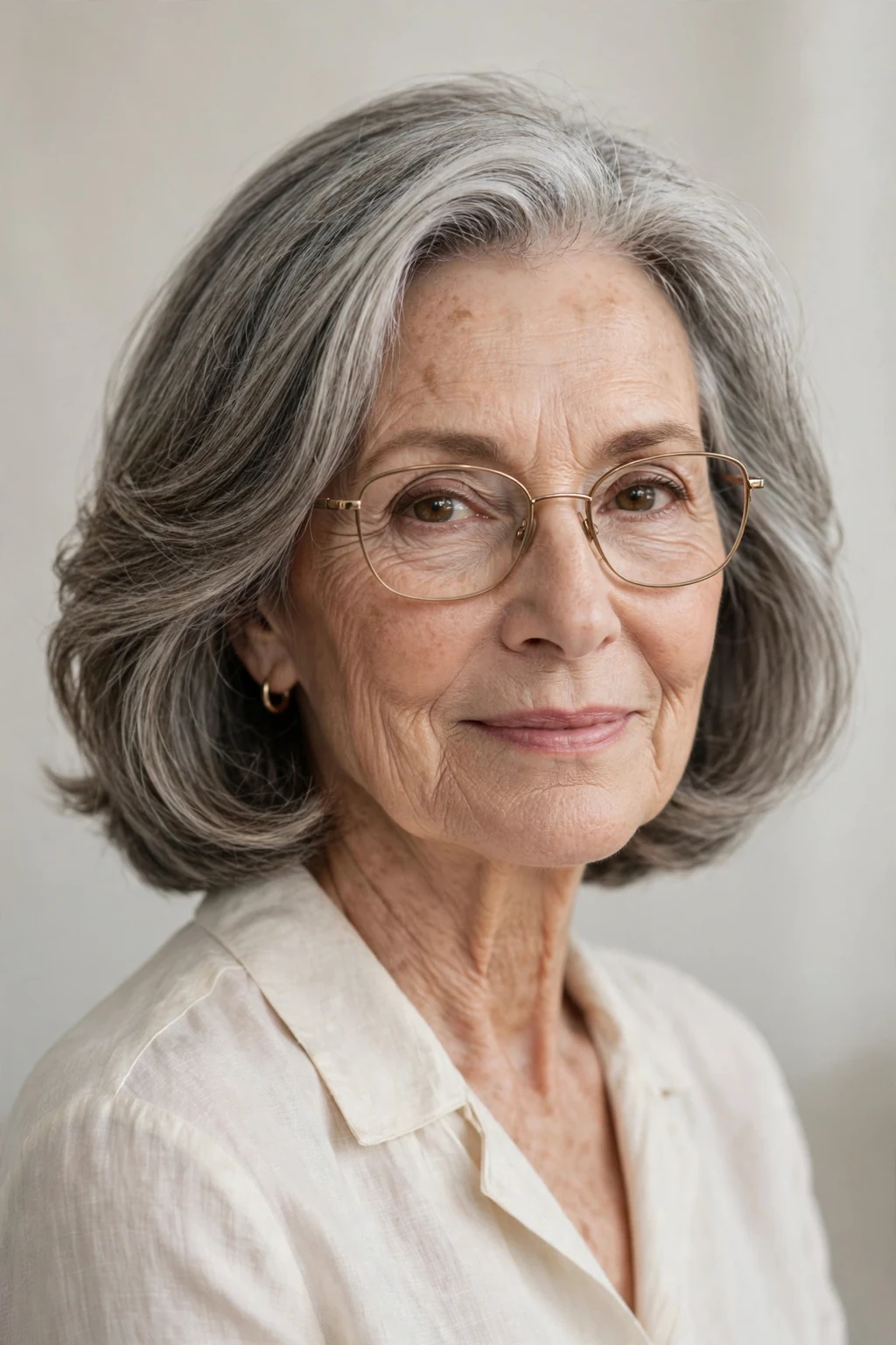 Elegant woman over 70 with glasses and elegant shoulder-length lob, refined versatile lob, beautiful light.