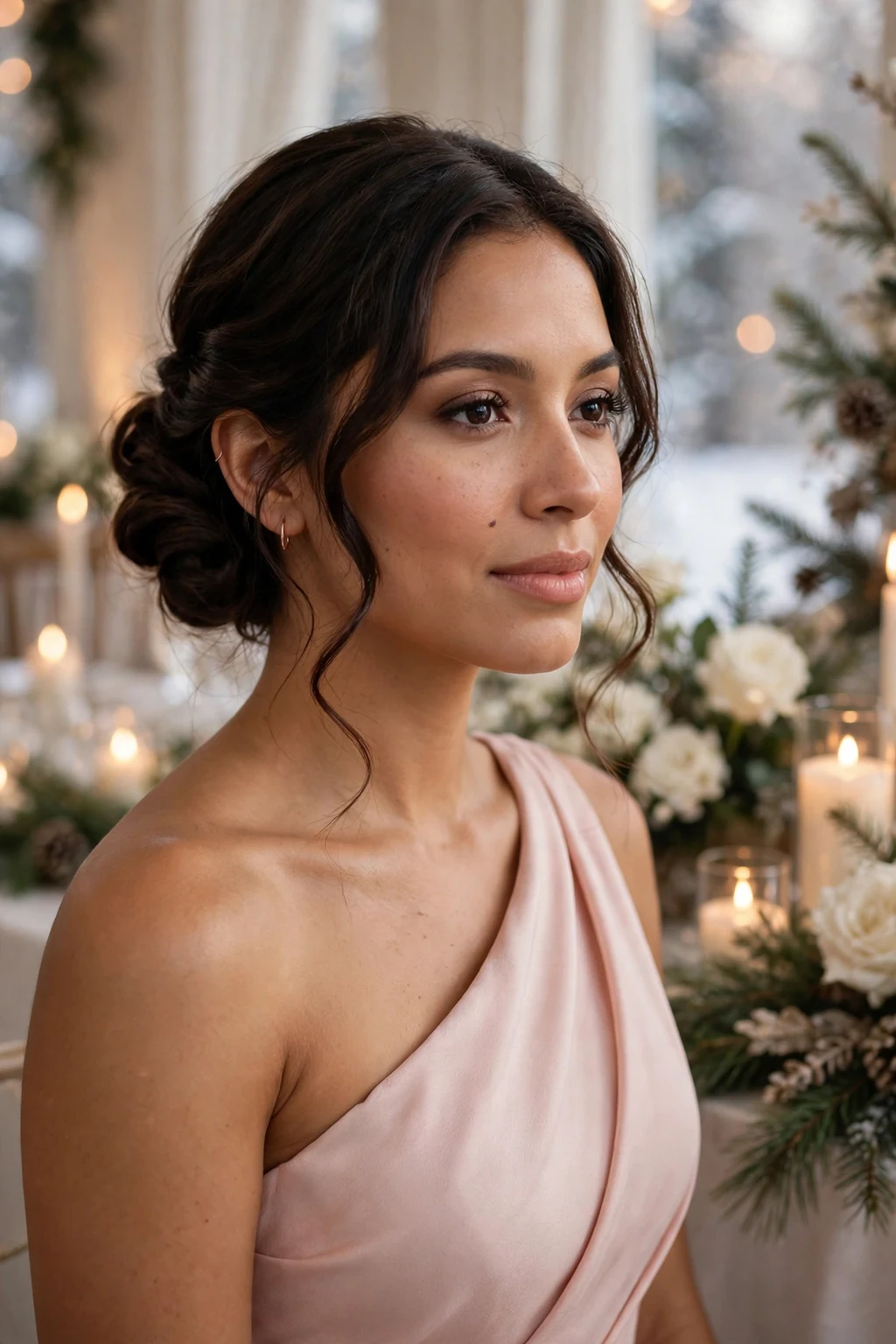 Young woman with an elegant side-swept bun at a winter wedding.