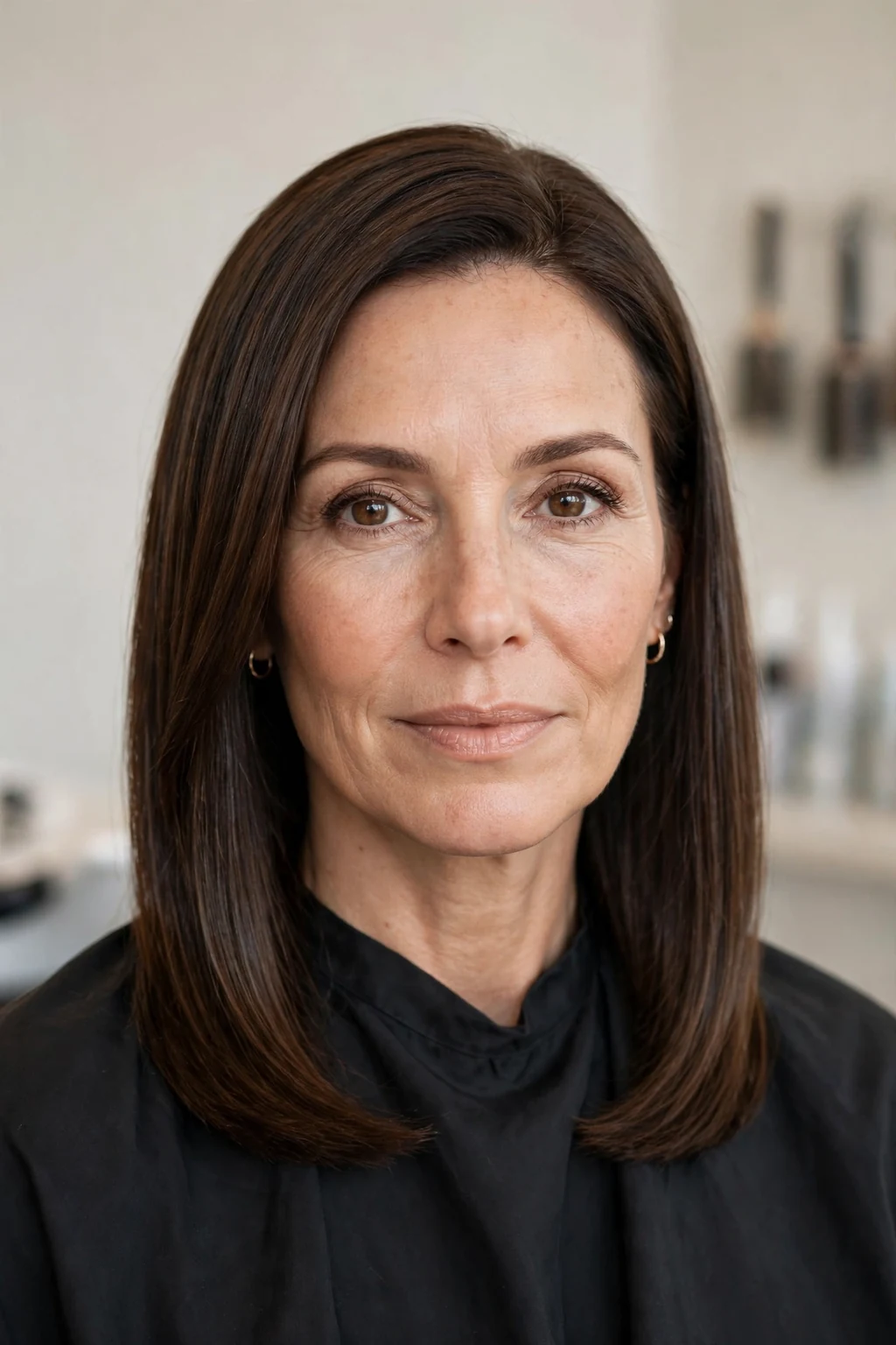 Woman over 40 with elegant straight medium style, sleek polished hair, refined light.