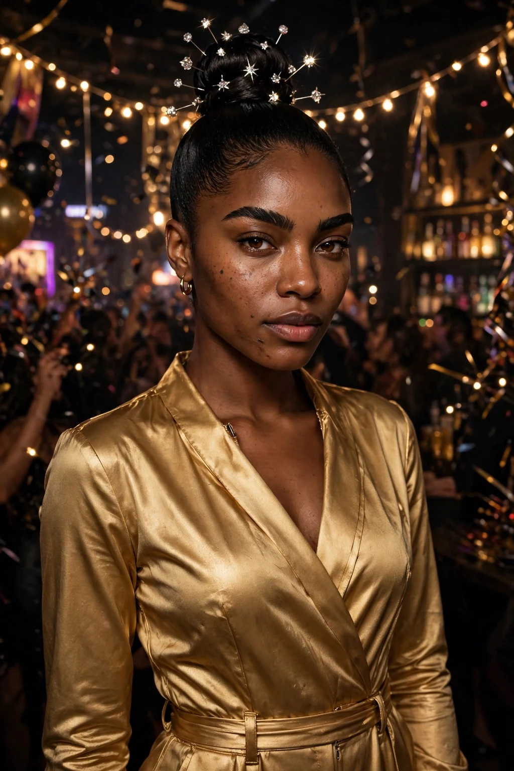 Young Black woman with an elegant top knot and sparkle pins wearing a gold jumpsuit at a club party.