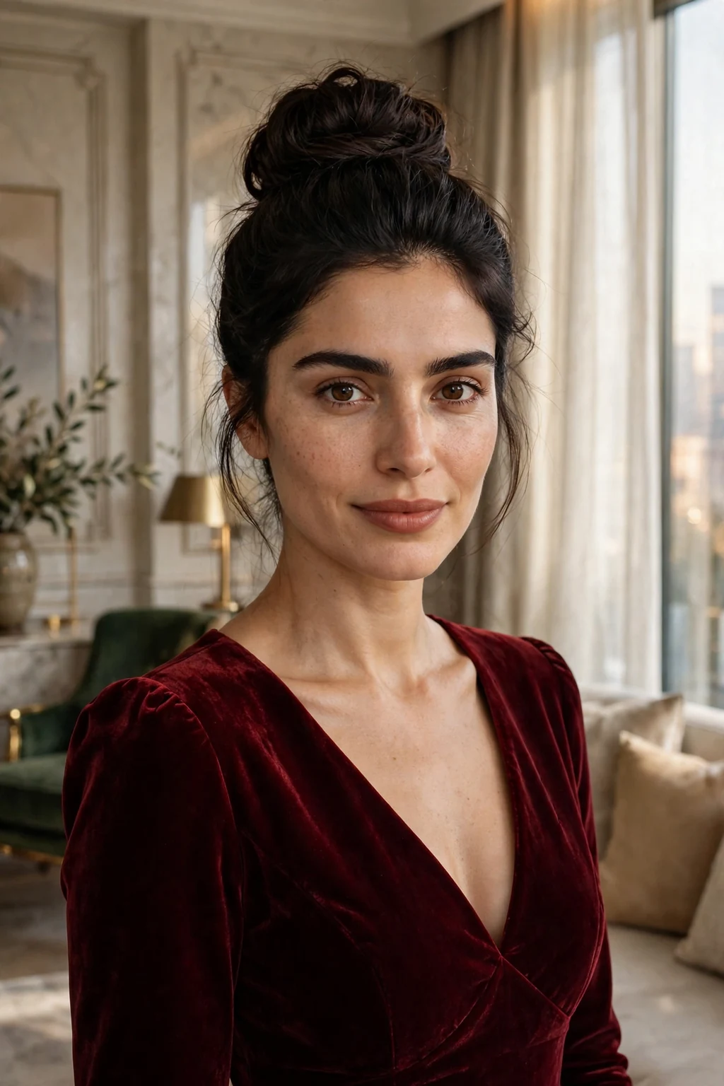 Young woman with an elegant top knot with volume at a wedding, wearing a burgundy velvet dress.