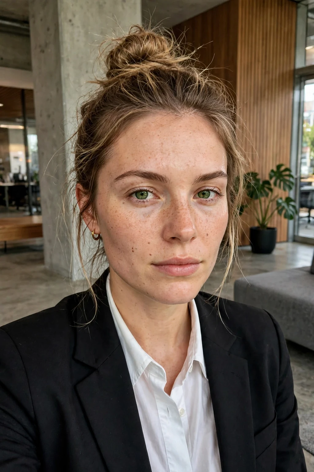 Young professional woman with a elegant top knot hairstyle, wearing professional attire in an office setting.