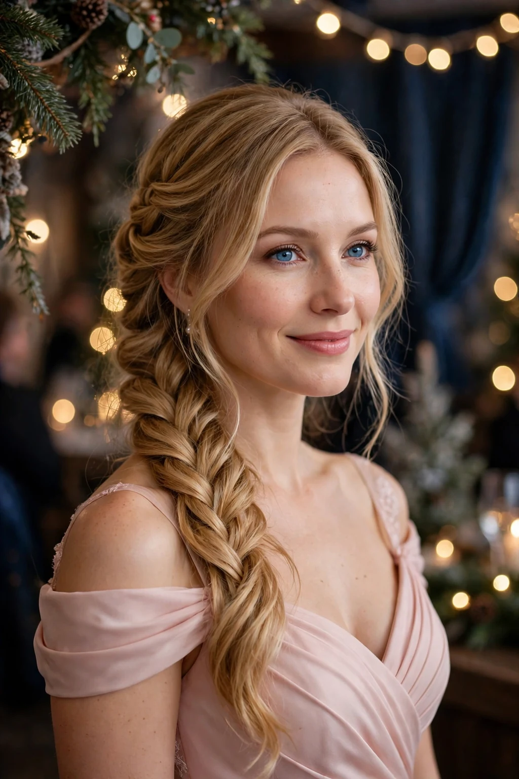 Young woman with an elegant waterfall braid, wearing a blush pink gown at a winter formal dance.