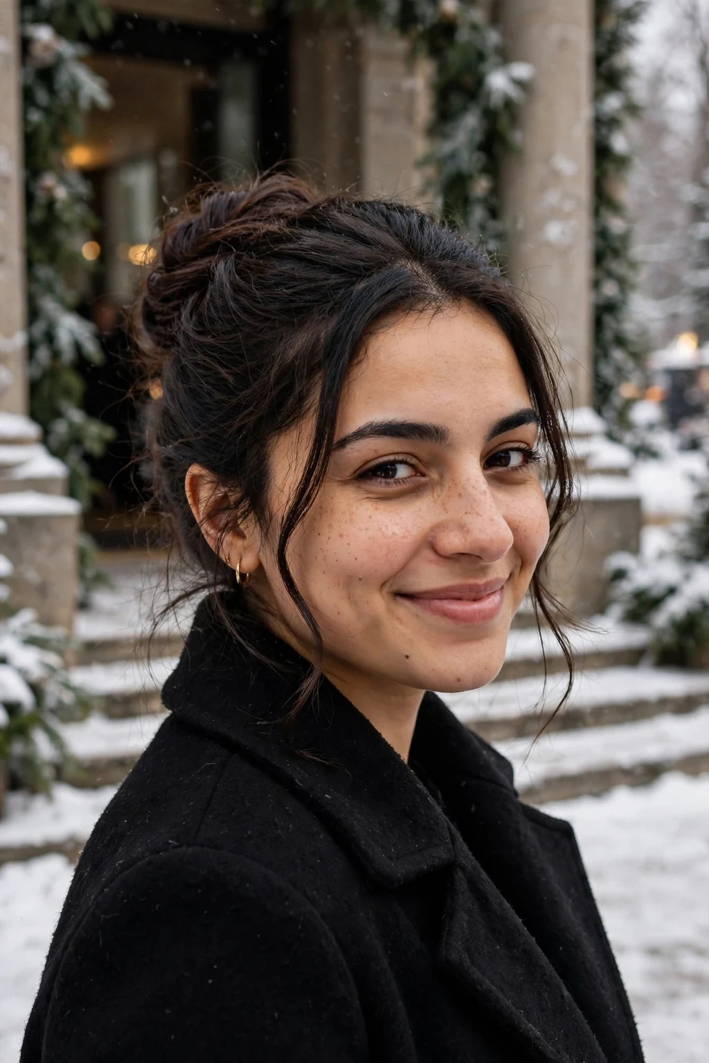 Young woman with an elegant winter updo and soft tendrils, wearing a black evening coat at a snowy gala entrance.