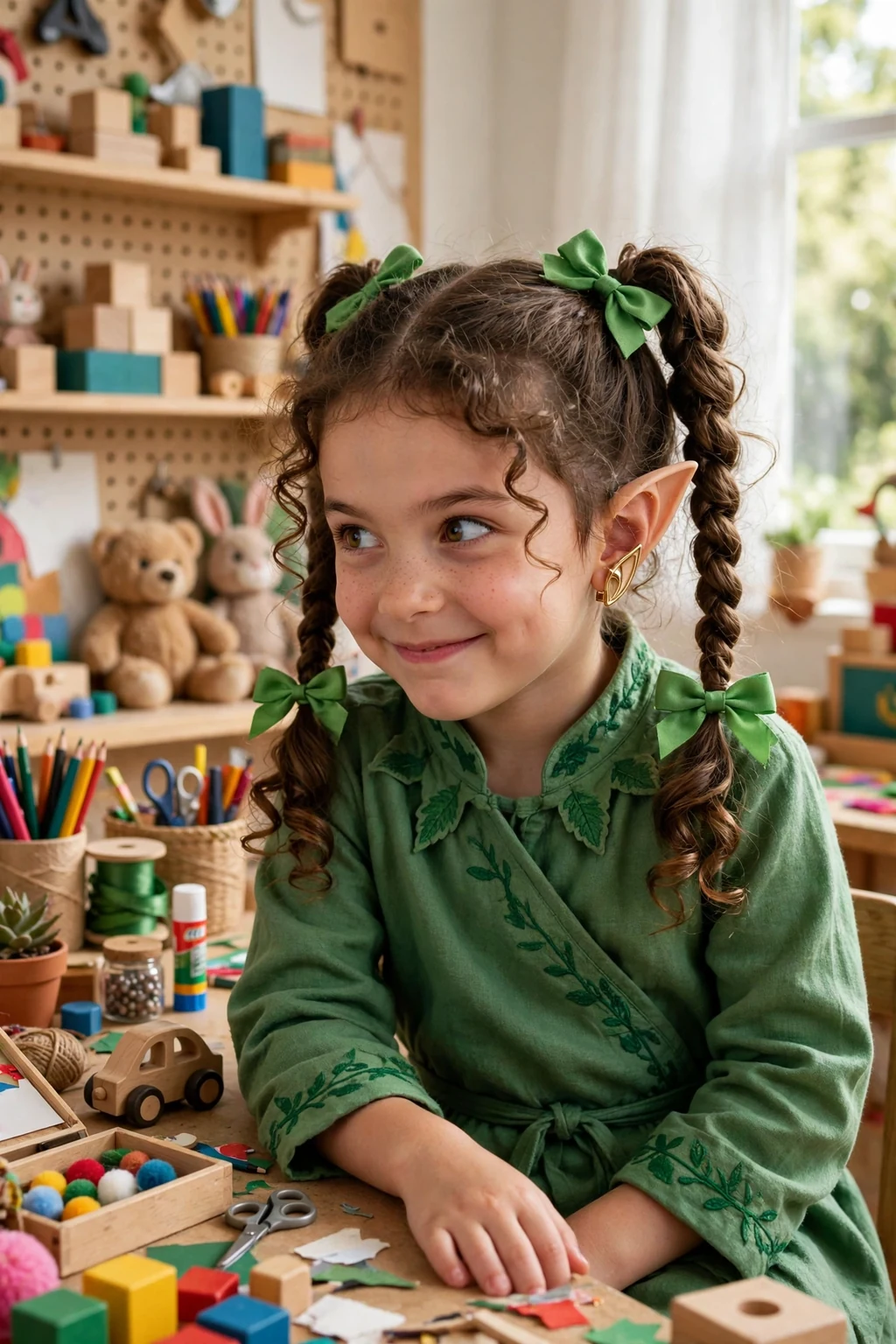 A young girl with elf ear twisted pigtails with pointed elf ear clips and green bows.