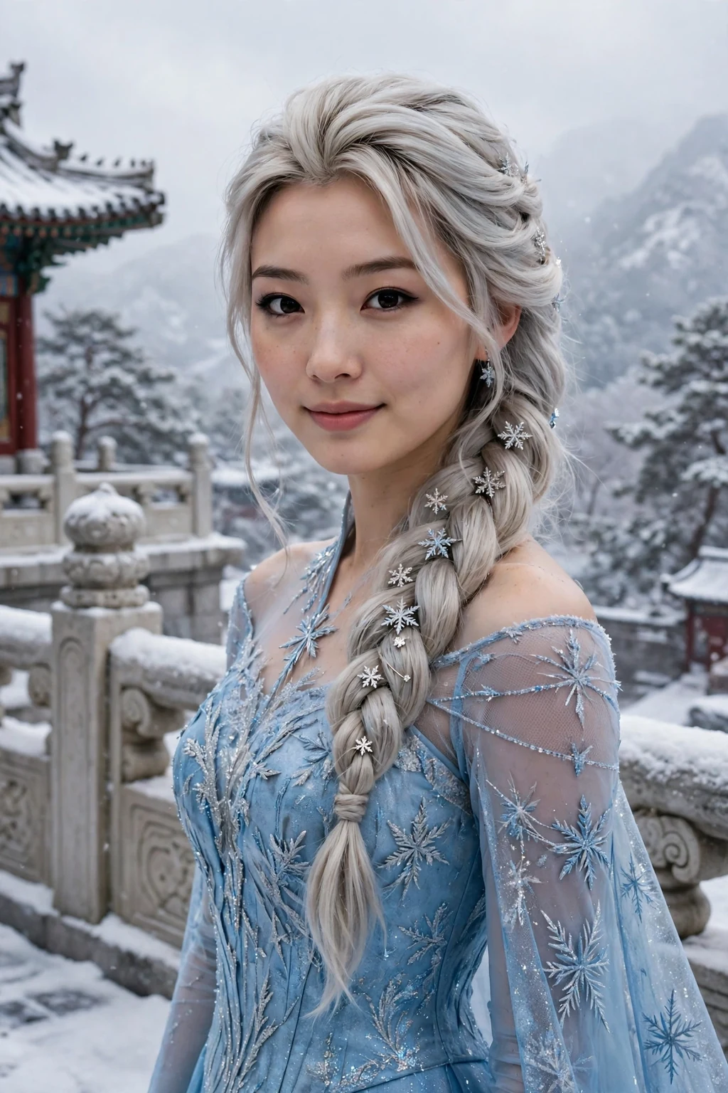 Young woman with an Elsa-style ice queen side braid with silver accessories, wearing an icy blue gown.