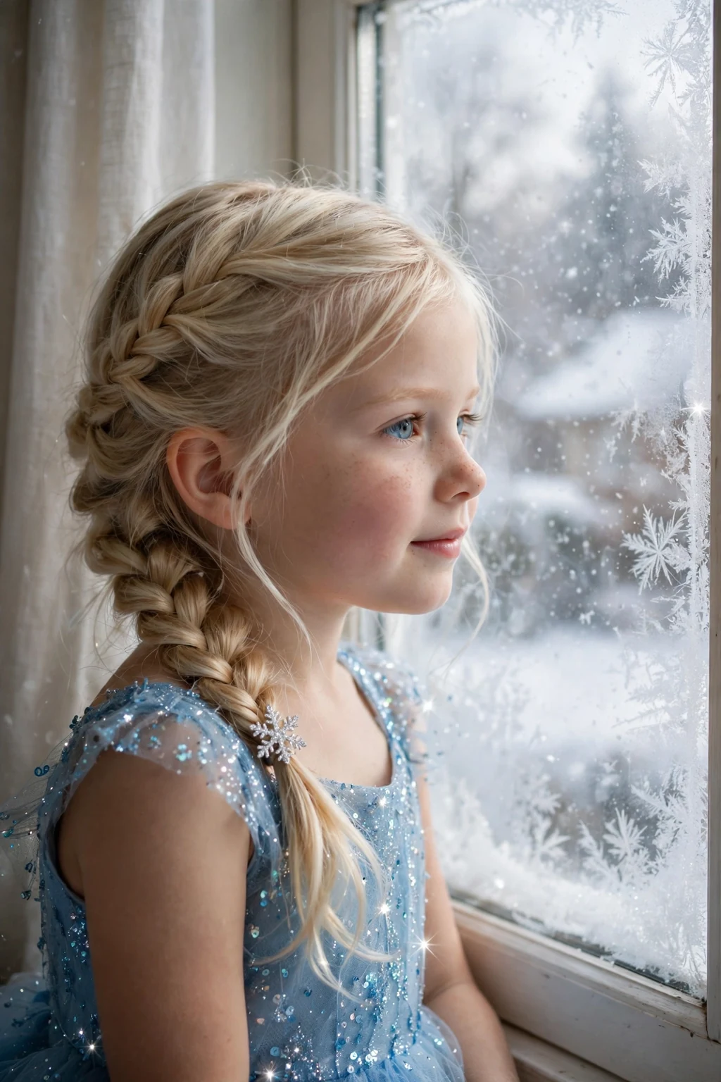 A young girl with a loose French side braid and a snowflake clip in a winter setting.