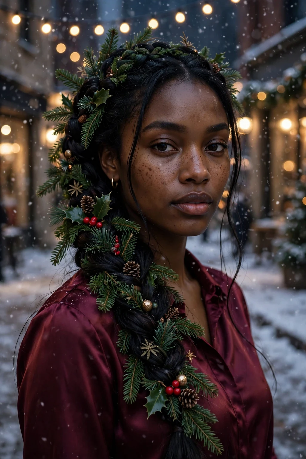 Young woman with emerald evergreen braid hairstyle, festive holiday look.