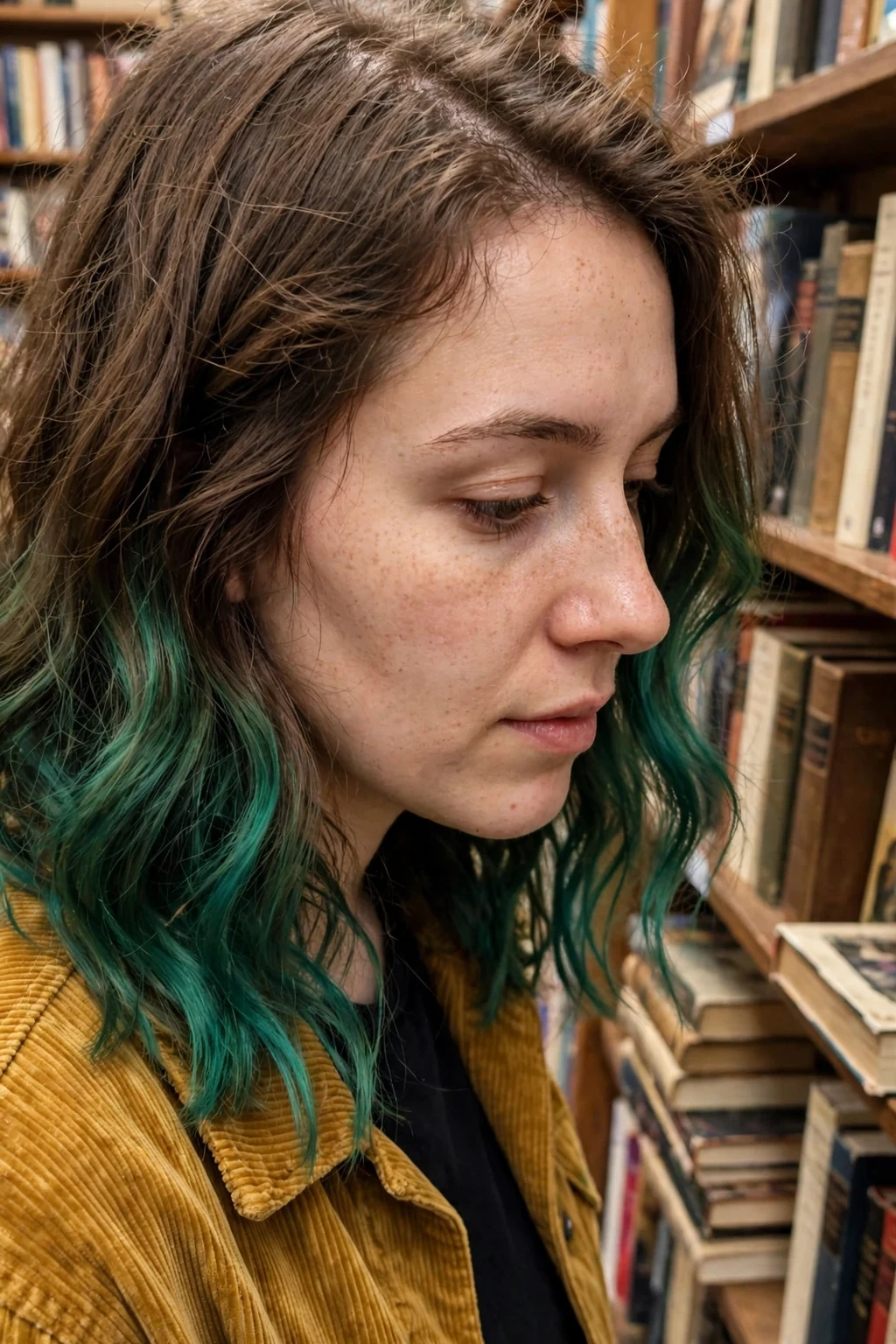 Young woman with emerald green dip-dye ends and wavy hair in a bookstore wearing a mustard corduroy jacket.